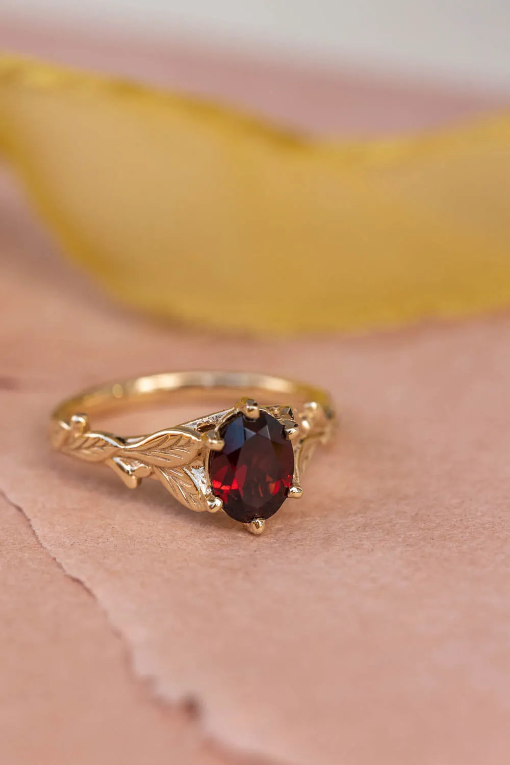 Natural garnet engagement ring, nature inspired gold engagement ring / Freesia