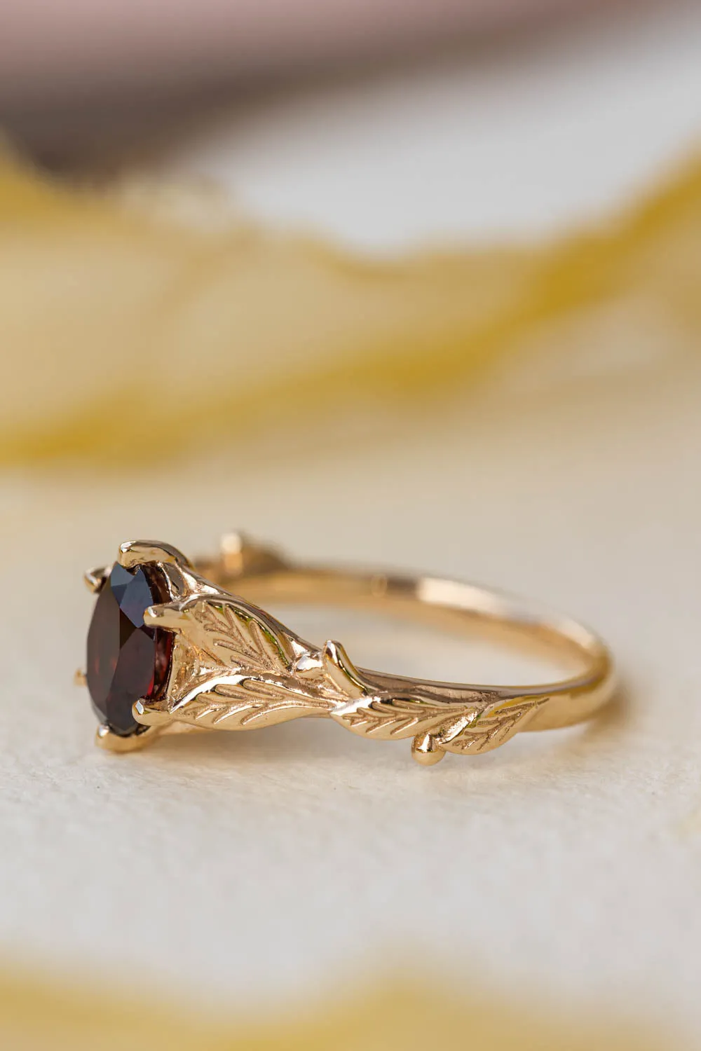 Natural garnet engagement ring, nature inspired gold engagement ring / Freesia