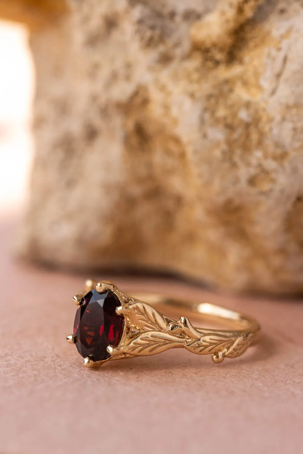 Natural garnet engagement ring, nature inspired gold engagement ring / Freesia