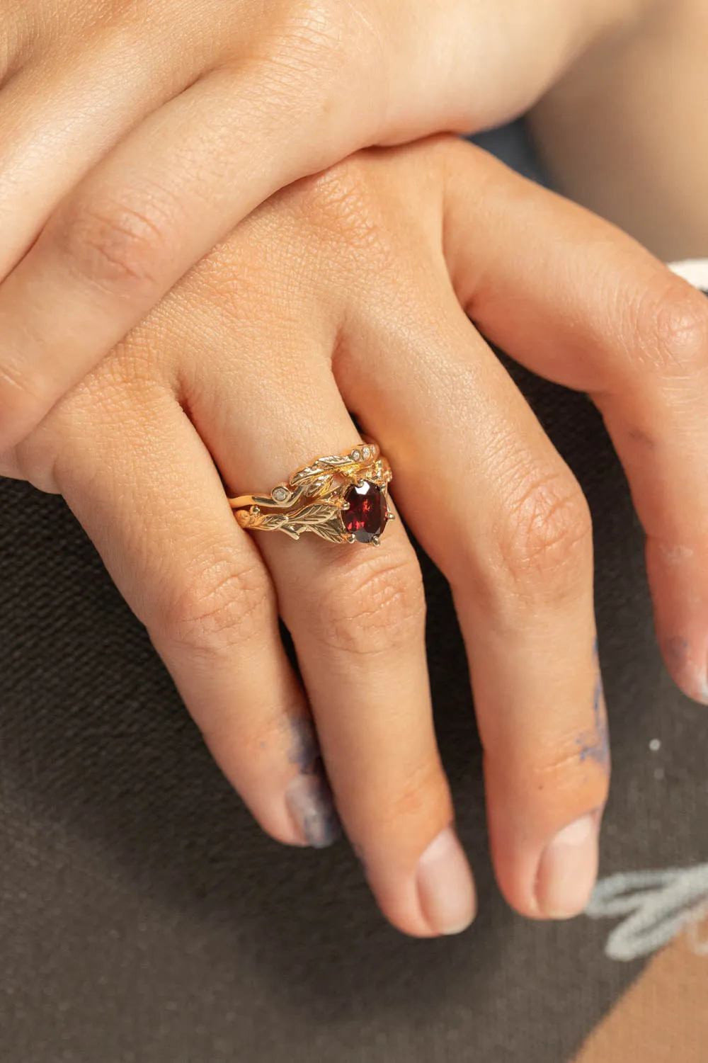 Natural garnet engagement ring, nature inspired gold engagement ring / Freesia