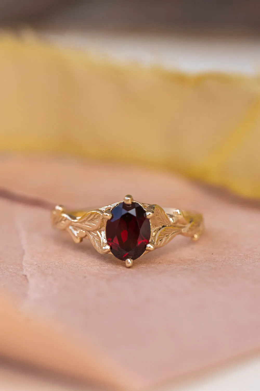 Natural garnet engagement ring, nature inspired gold engagement ring / Freesia