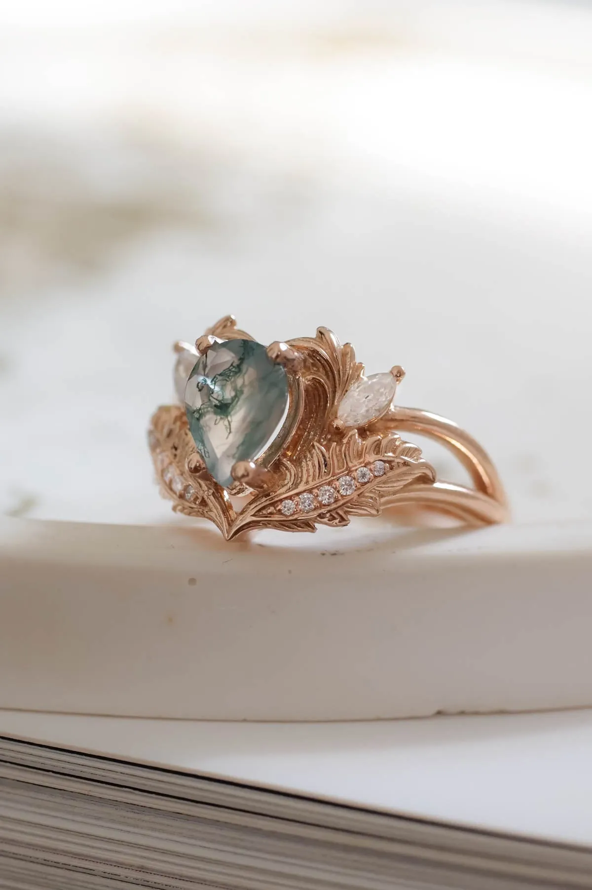 Natural moss agate engagement ring, rose gold proposal ring with diamonds / Adonis