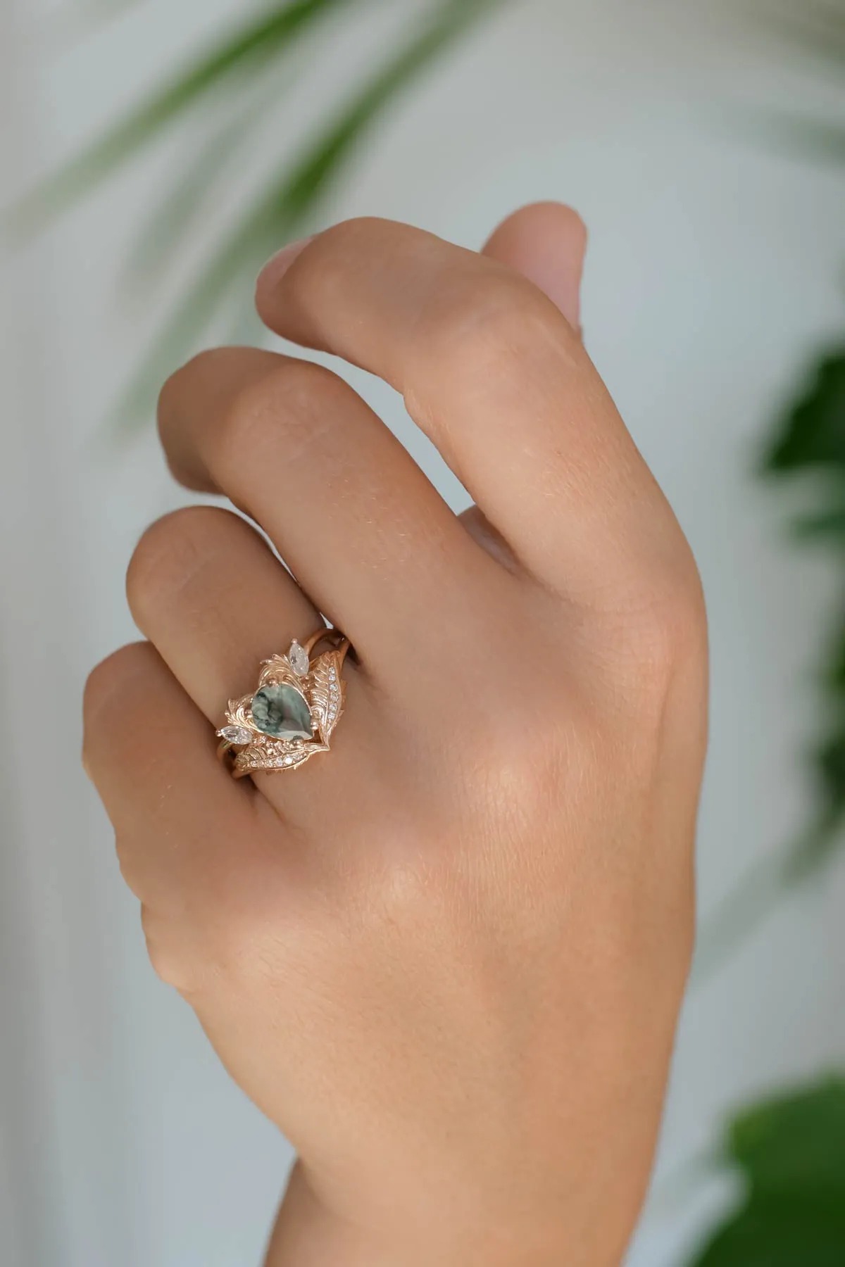 Natural moss agate engagement ring, rose gold proposal ring with diamonds / Adonis