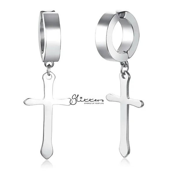 Non-Pierced Stainless Steel Clip On Cross Dangle Hoop Earrings - Silver