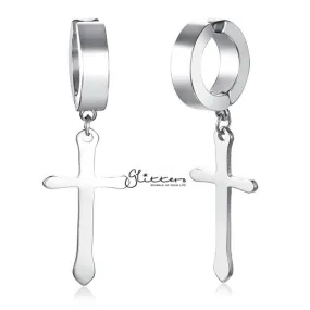 Non-Pierced Stainless Steel Clip On Cross Dangle Hoop Earrings - Silver