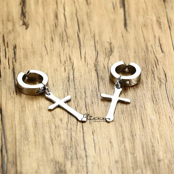 Non-Pierced Stainless Steel Clip On Cross Dangle Hoop Earrings - Silver