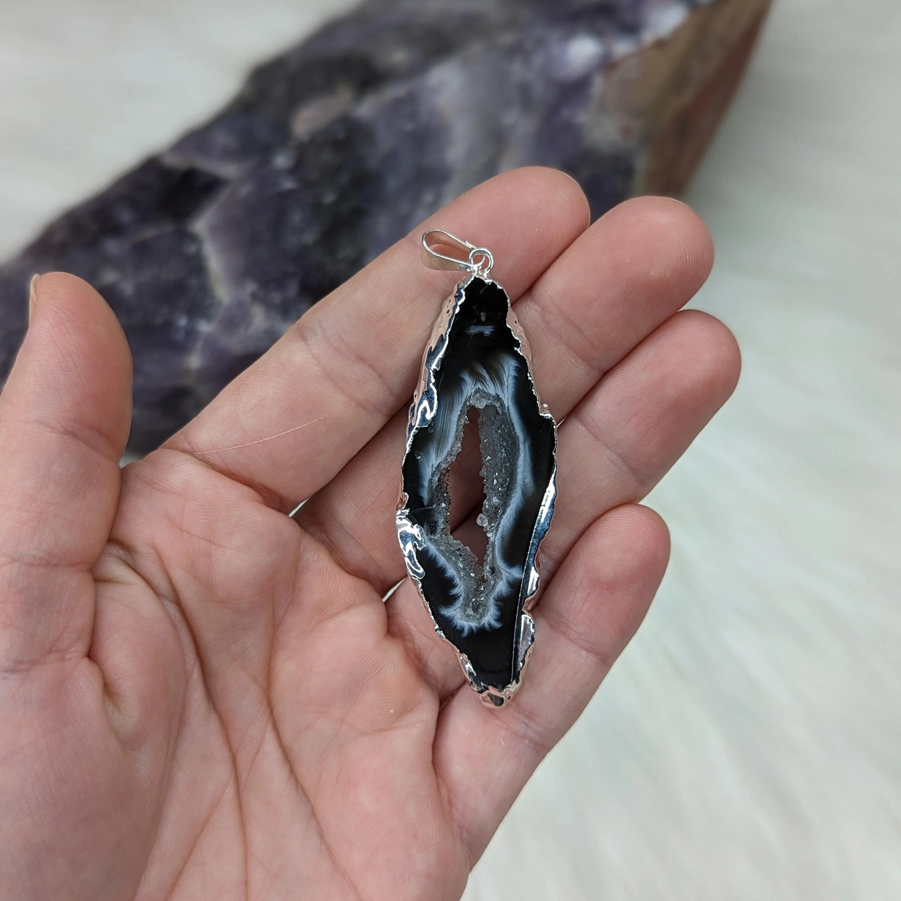 Occo Geode Agate Slice Pendant ~ Ultra Shimmery and Unique!~ Silver Chain Included