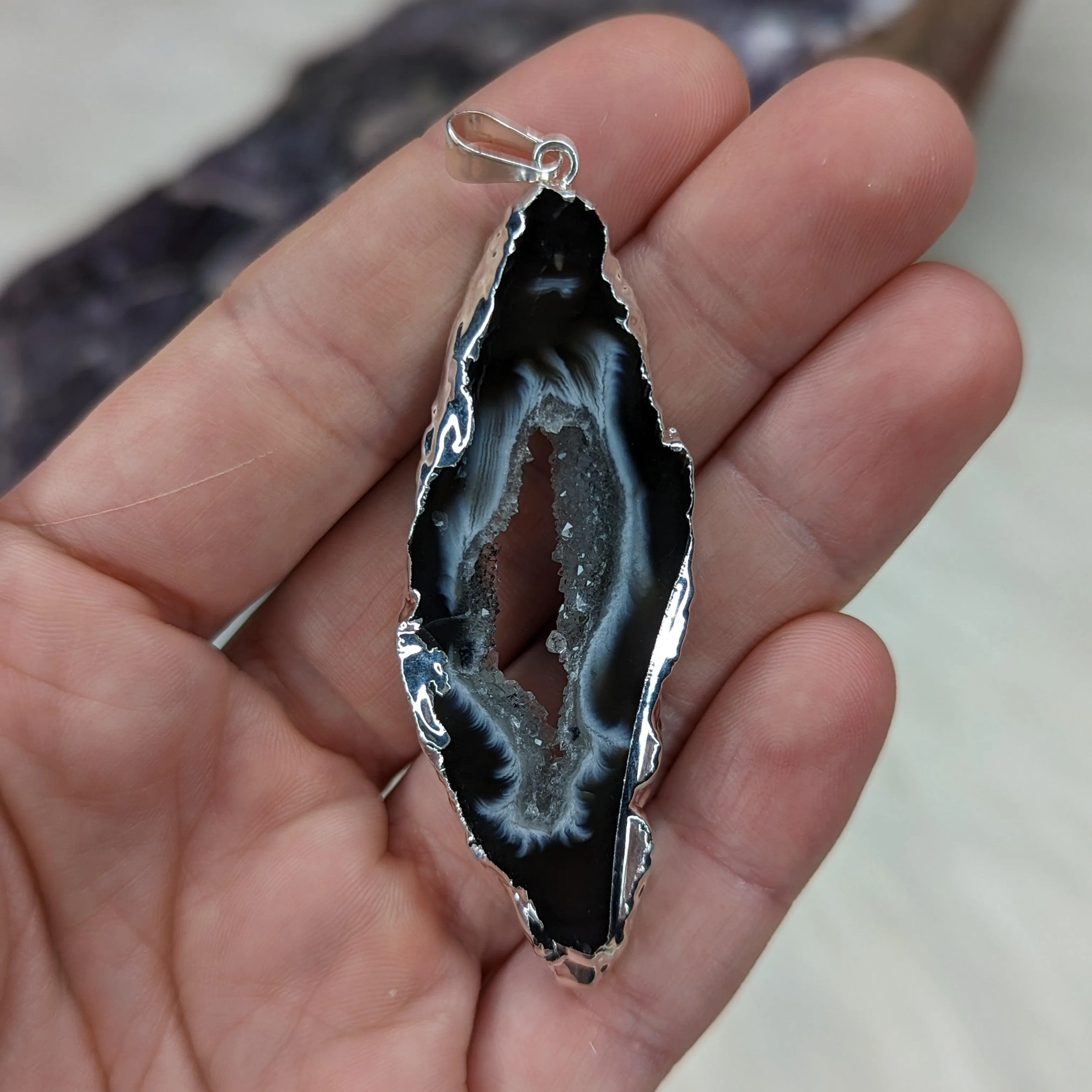 Occo Geode Agate Slice Pendant ~ Ultra Shimmery and Unique!~ Silver Chain Included