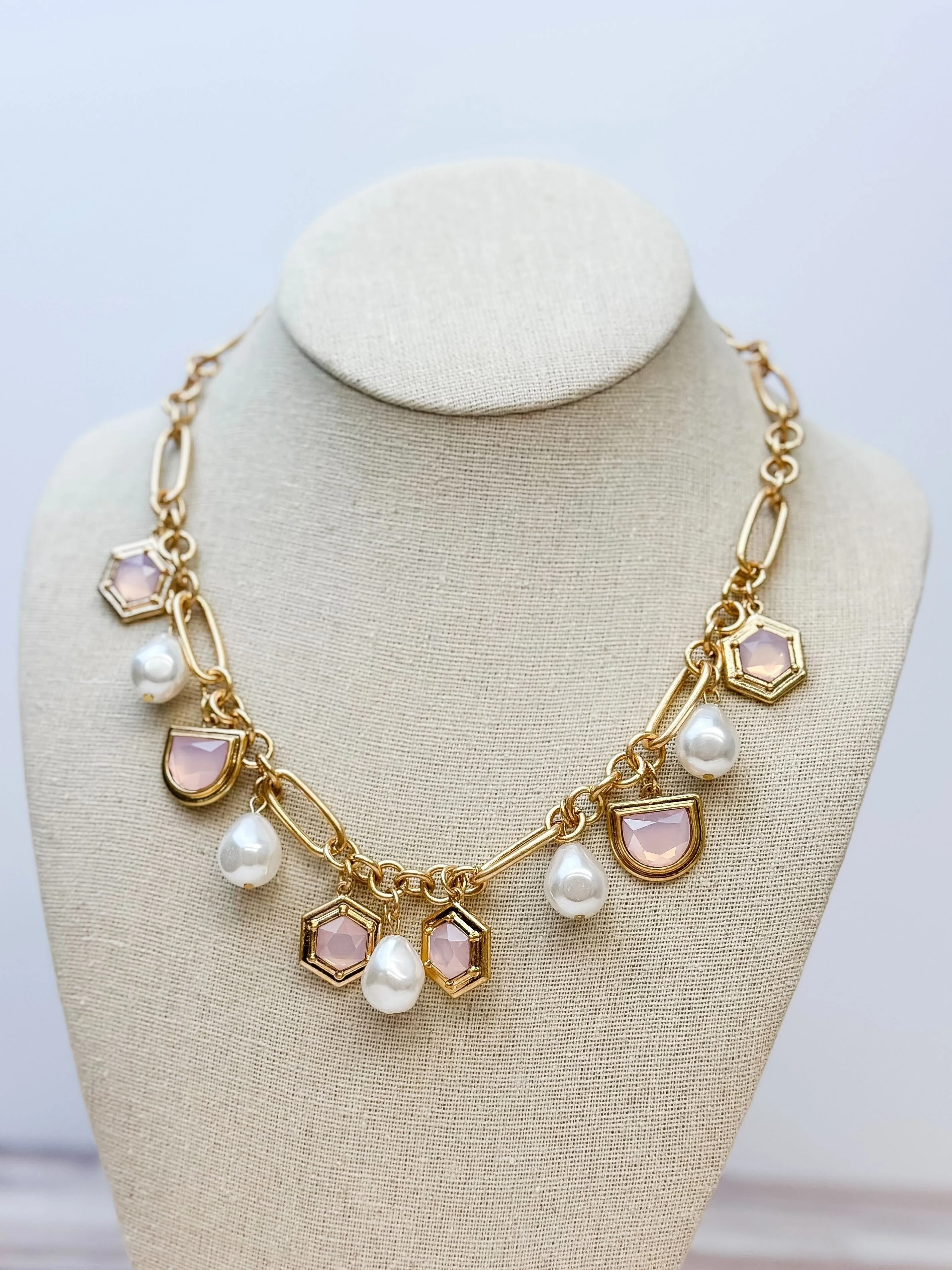 Pearl & Iridescent Stone Charm Necklace - Pink