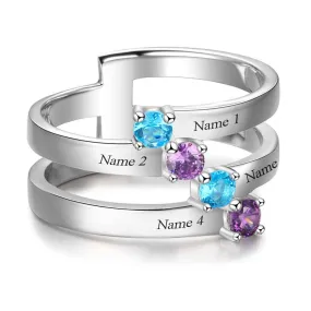 Personalized Gift for Family Engrave 4 Names Childrens Birthstone Promise Rings 925 Sterling Silver Jewelry