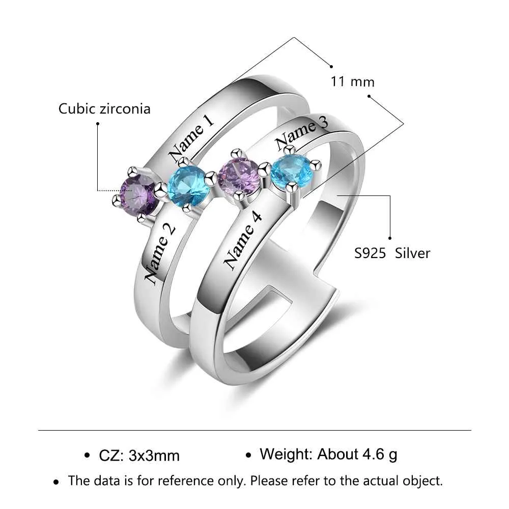 Personalized Gift for Family Engrave 4 Names Childrens Birthstone Promise Rings 925 Sterling Silver Jewelry