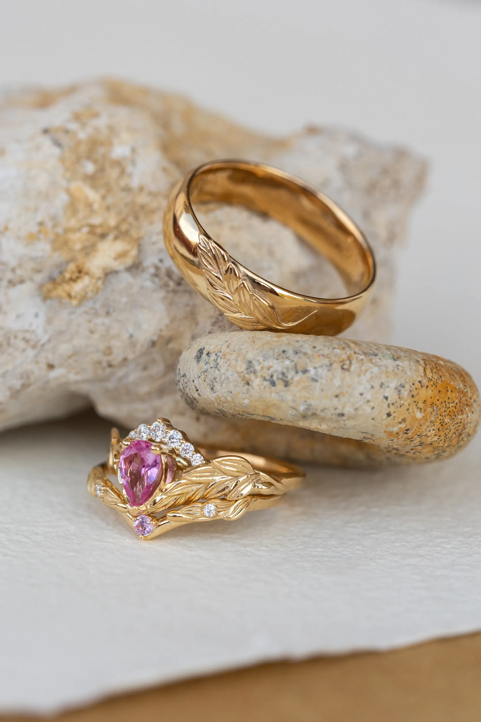 Pink sapphire and diamond crown engagement ring, rose gold leaves ring with diamonds / Palmira Crown