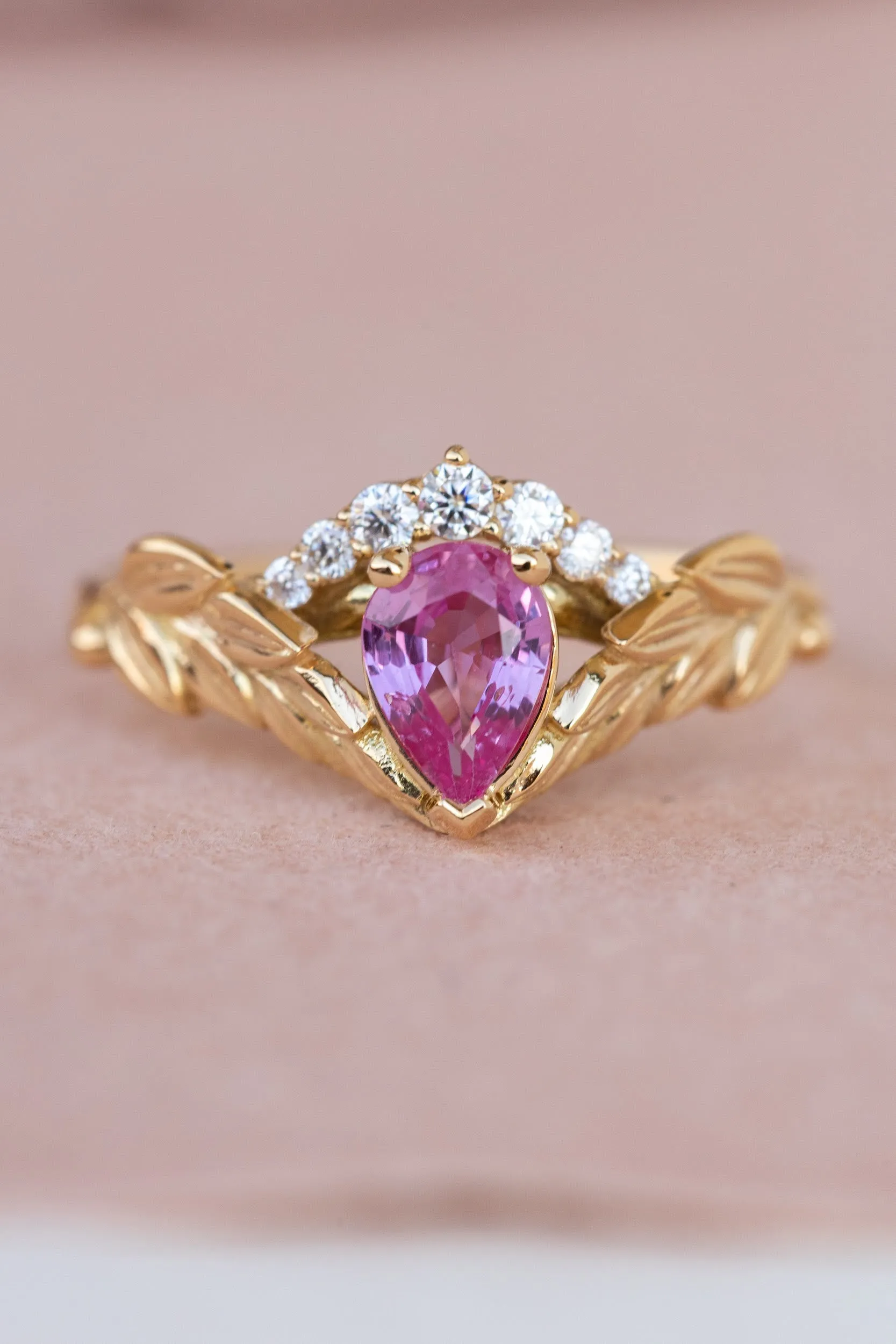 Pink sapphire and diamond crown engagement ring, rose gold leaves ring with diamonds / Palmira Crown