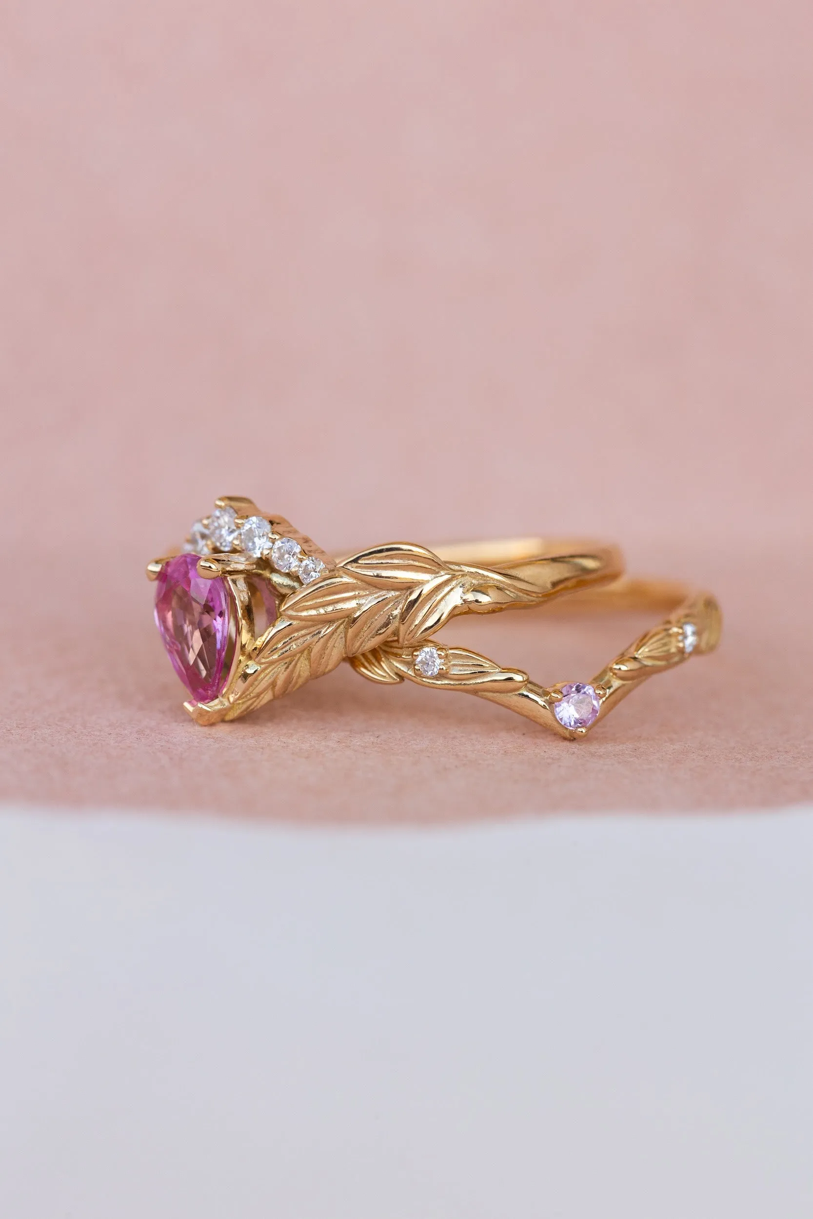 Pink sapphire and diamond crown engagement ring, rose gold leaves ring with diamonds / Palmira Crown