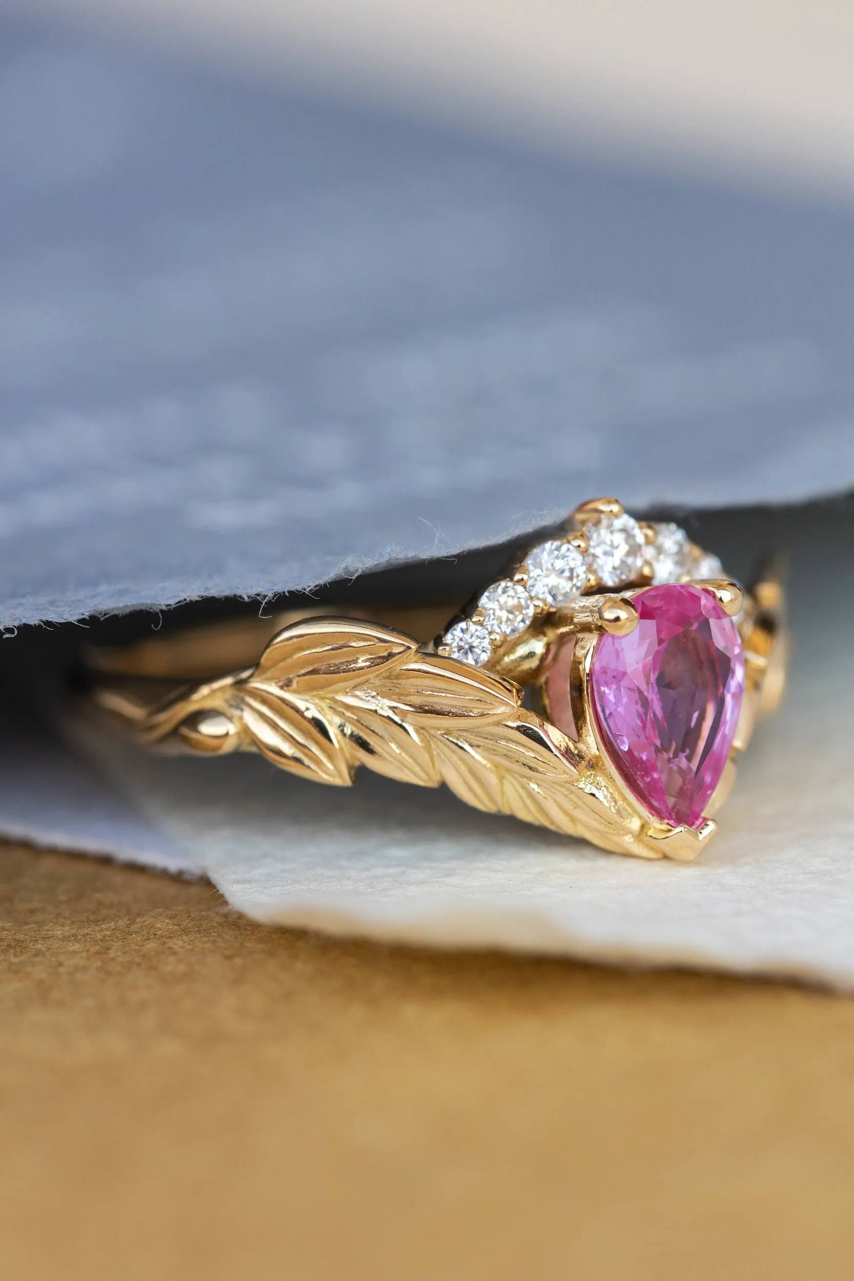 Pink sapphire and diamond crown engagement ring, rose gold leaves ring with diamonds / Palmira Crown