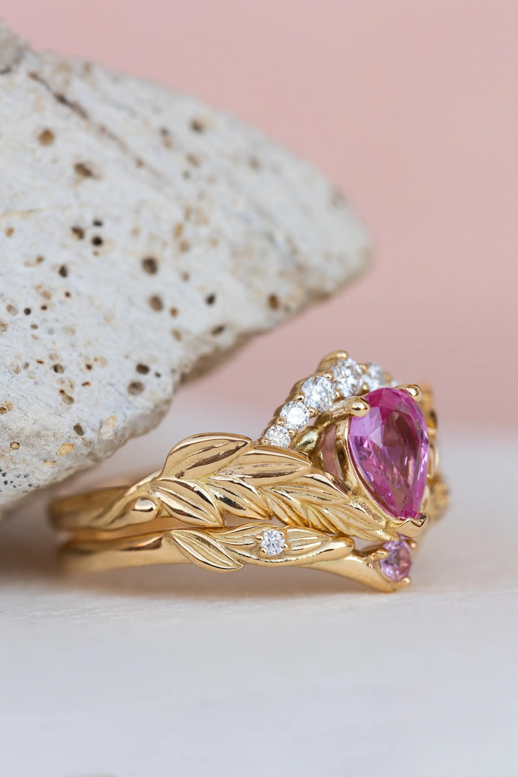 Pink sapphire and diamond crown engagement ring, rose gold leaves ring with diamonds / Palmira Crown