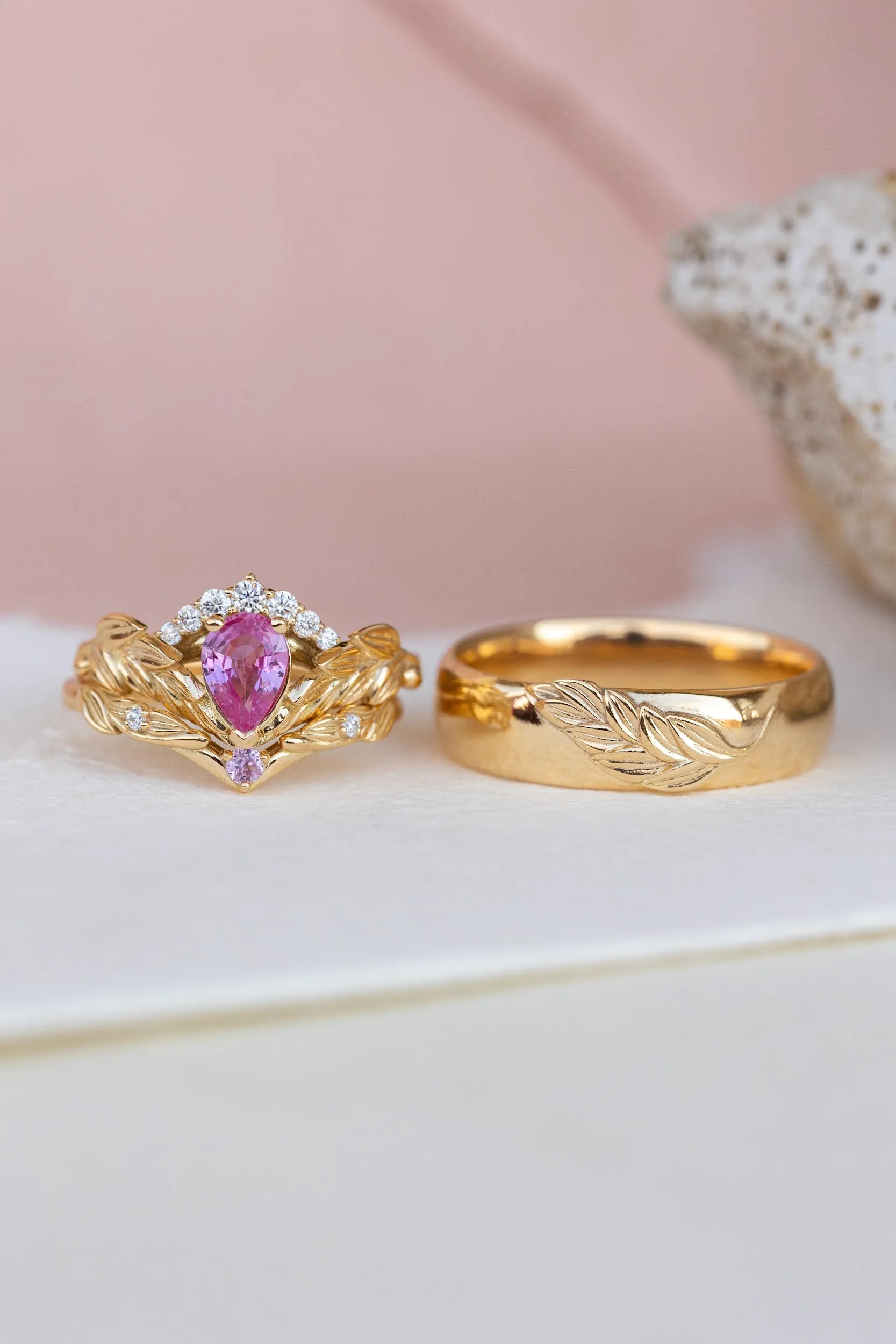 Pink sapphire and diamond crown engagement ring, rose gold leaves ring with diamonds / Palmira Crown