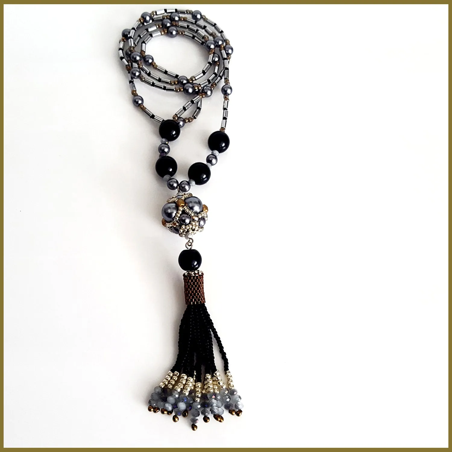 "NEW" Black Beaded Tassel and Hematite