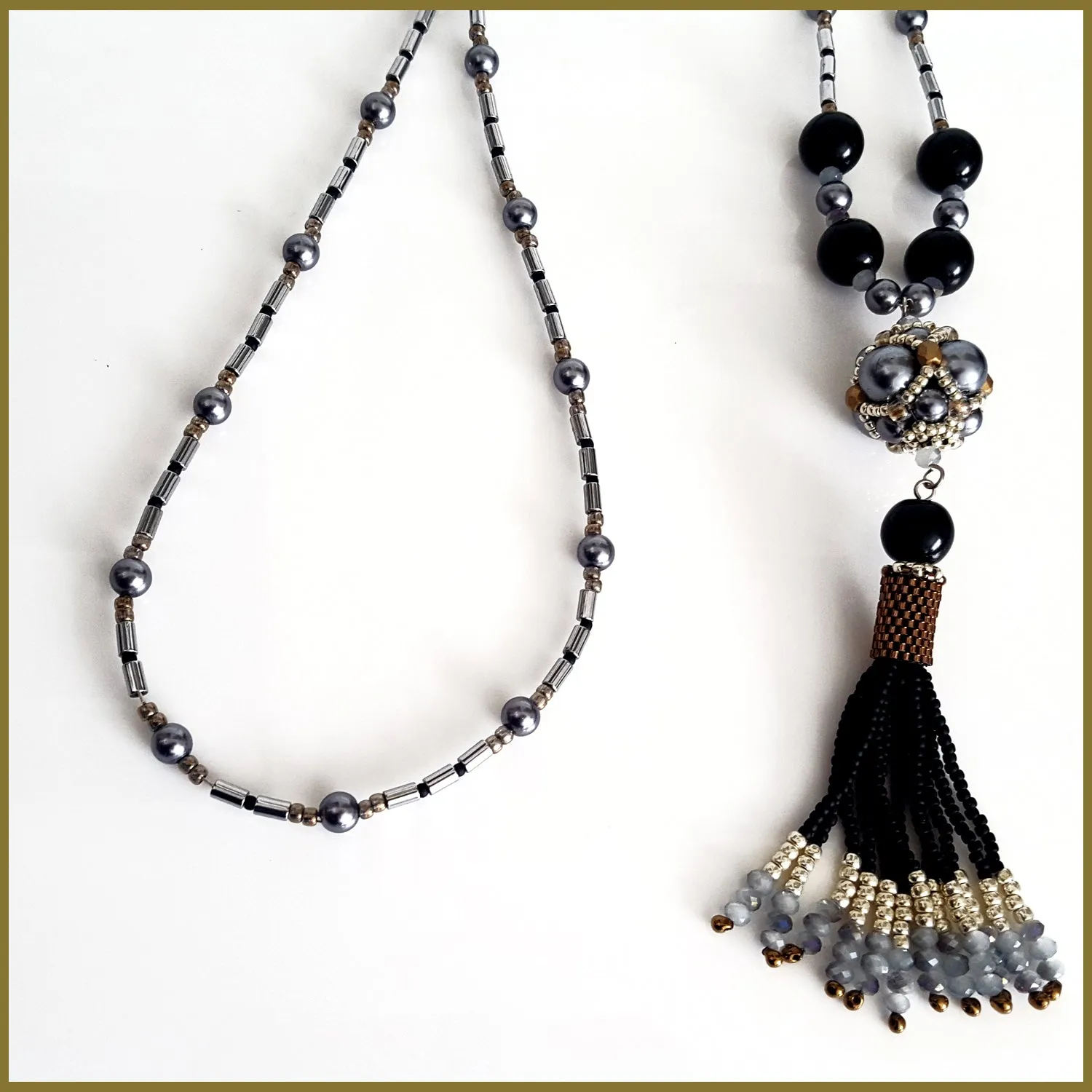 "NEW" Black Beaded Tassel and Hematite