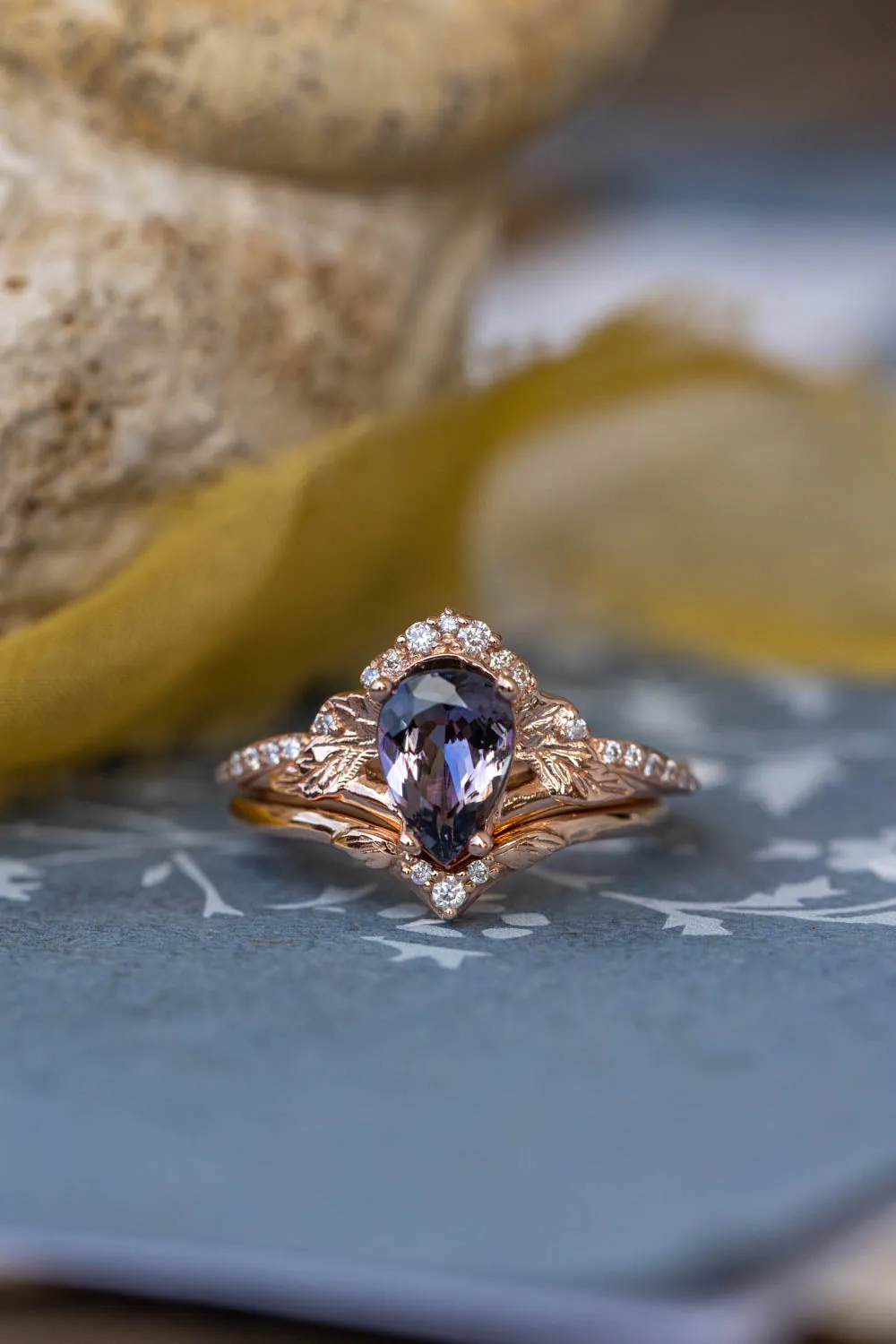 READY TO SHIP: Amelia bridal ring set in 14K rose gold, natural tanzanite 9x6 mm, moissanites, RING SIZE - 7 US