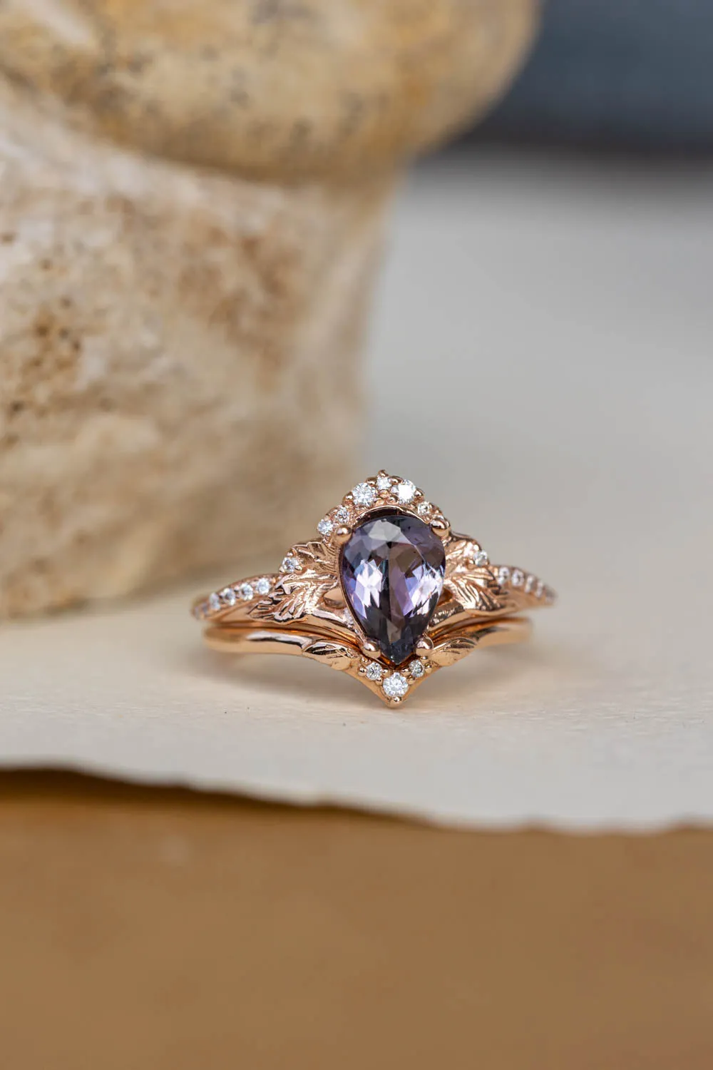 READY TO SHIP: Amelia bridal ring set in 14K rose gold, natural tanzanite 9x6 mm, moissanites, RING SIZE - 7 US