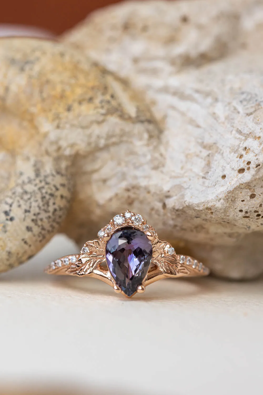 READY TO SHIP: Amelia bridal ring set in 14K rose gold, natural tanzanite 9x6 mm, moissanites, RING SIZE - 7 US