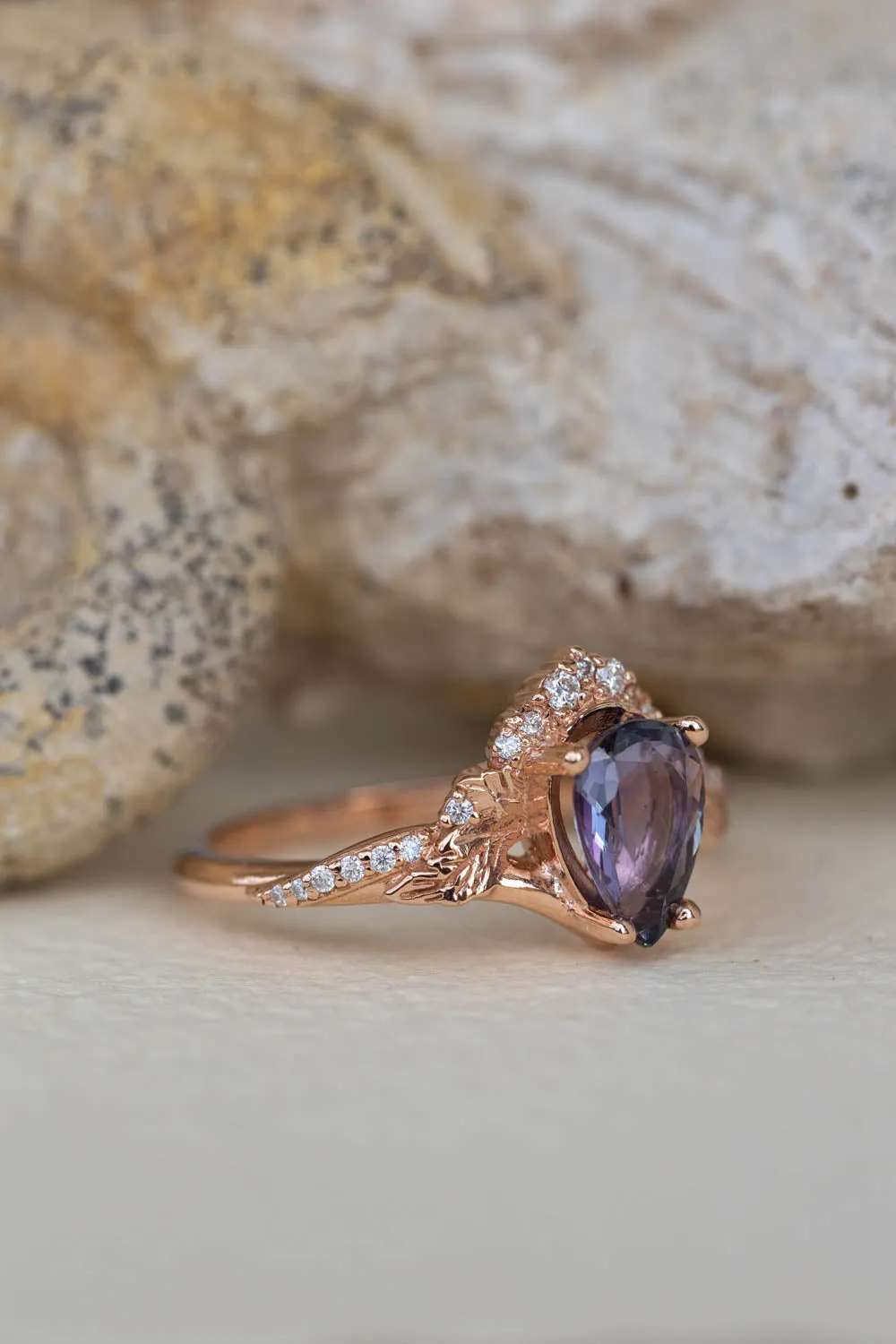 READY TO SHIP: Amelia bridal ring set in 14K rose gold, natural tanzanite 9x6 mm, moissanites, RING SIZE - 7 US