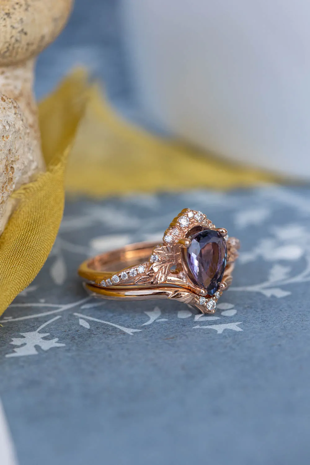 READY TO SHIP: Amelia bridal ring set in 14K rose gold, natural tanzanite 9x6 mm, moissanites, RING SIZE - 7 US