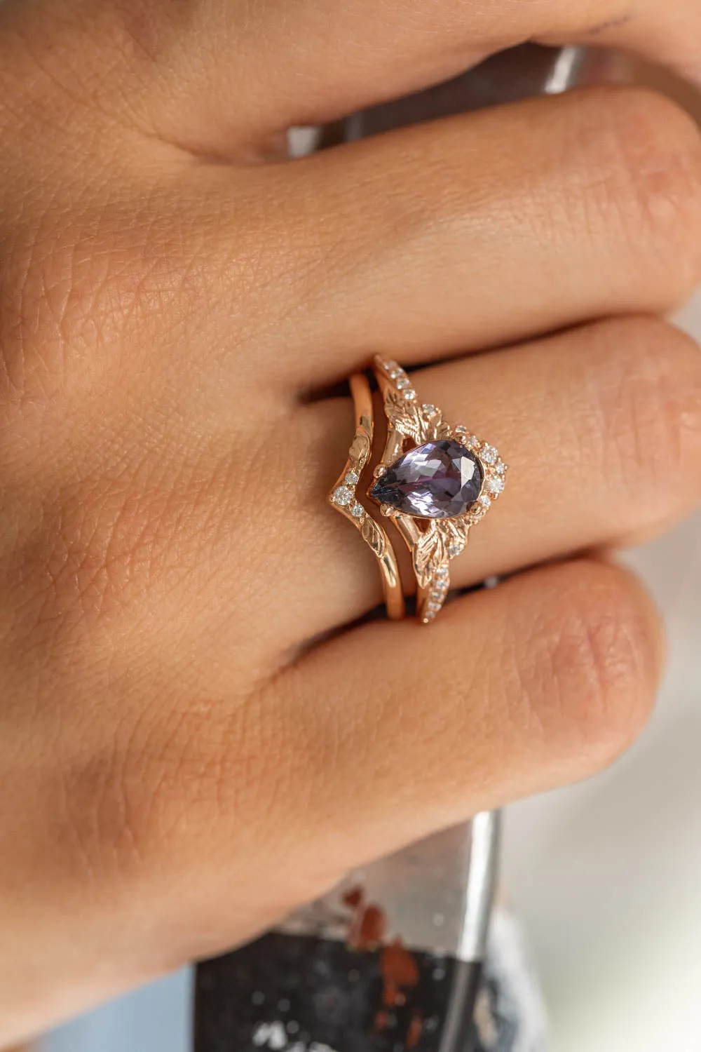 READY TO SHIP: Amelia bridal ring set in 14K rose gold, natural tanzanite 9x6 mm, moissanites, RING SIZE - 7 US