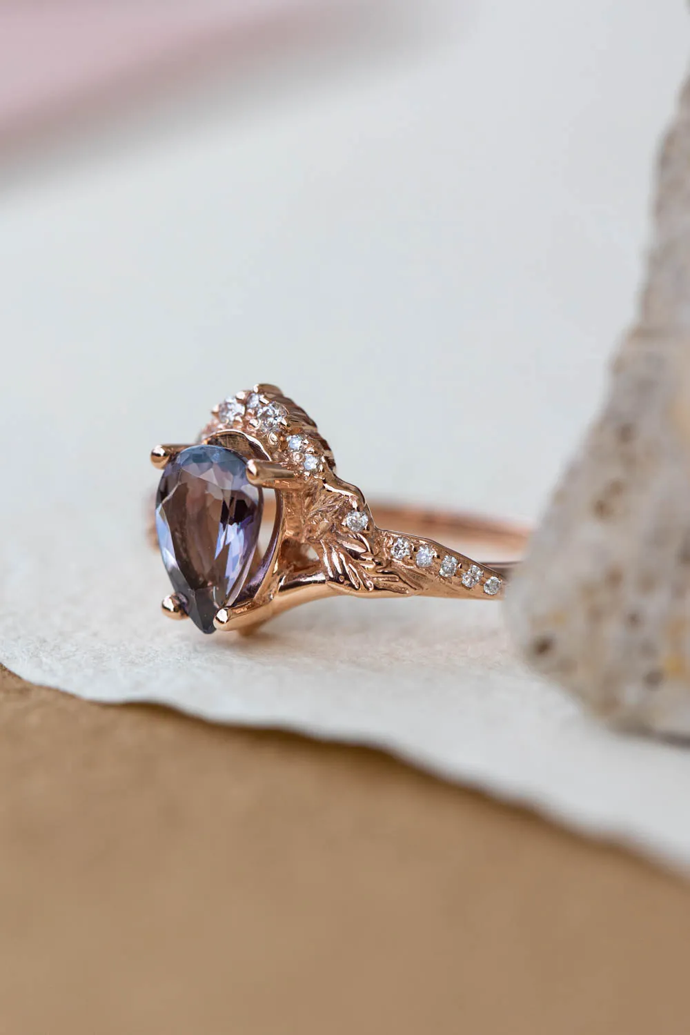 READY TO SHIP: Amelia bridal ring set in 14K rose gold, natural tanzanite 9x6 mm, moissanites, RING SIZE - 7 US