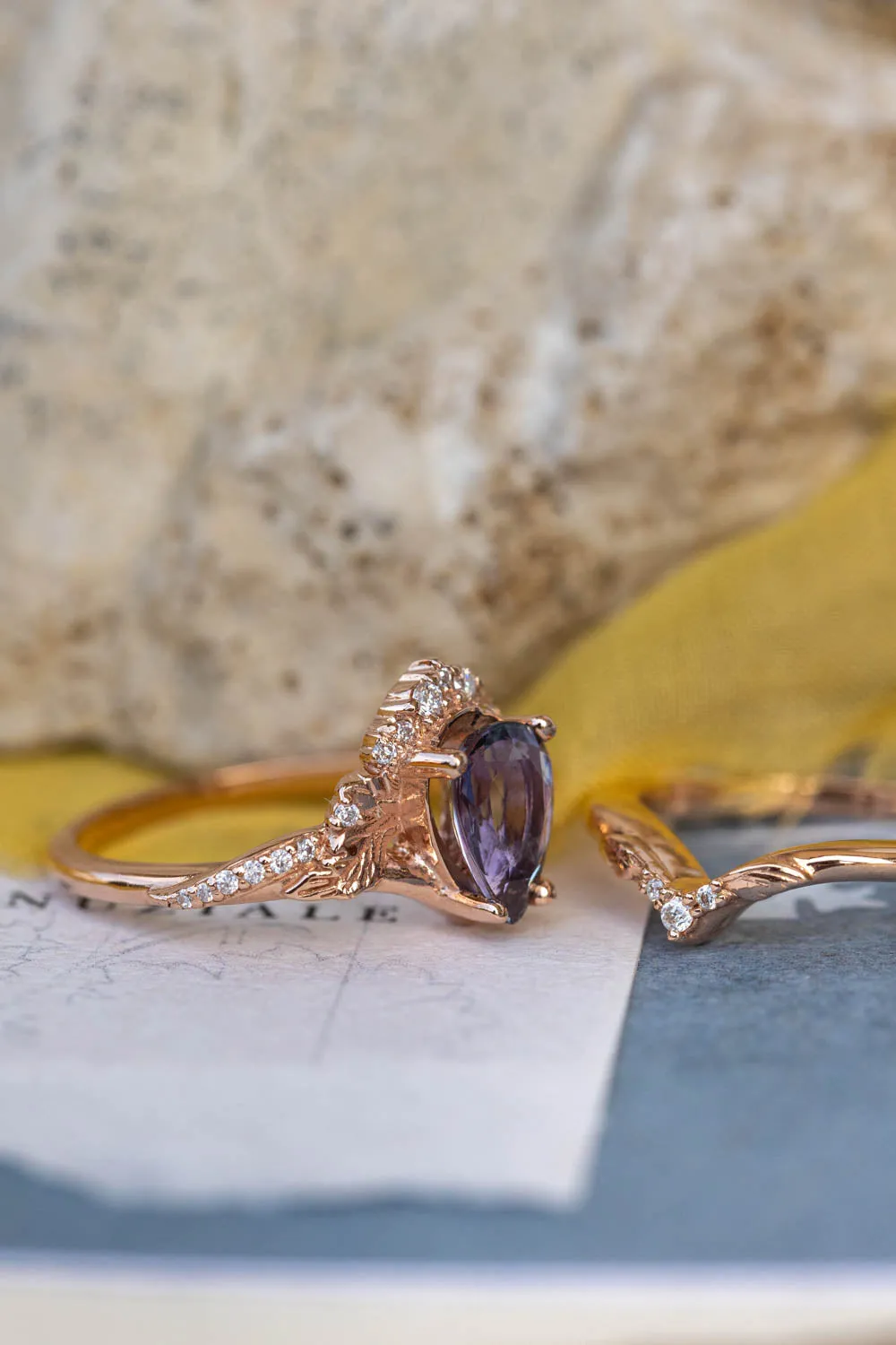 READY TO SHIP: Amelia bridal ring set in 14K rose gold, natural tanzanite 9x6 mm, moissanites, RING SIZE - 7 US