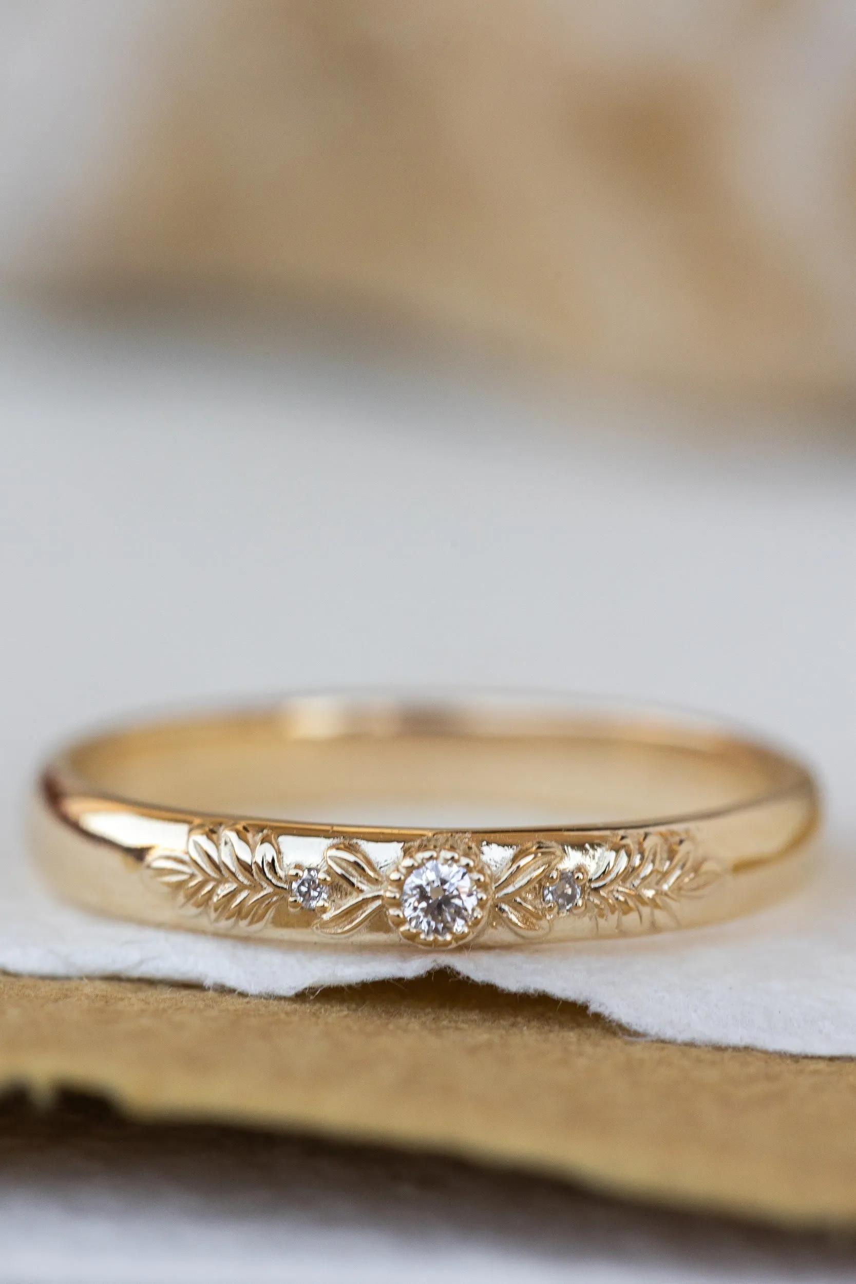 READY TO SHIP: Gold wreath wedding band with three lab grown diamonds, AVAILABLE RING SIZES 4.5-9US