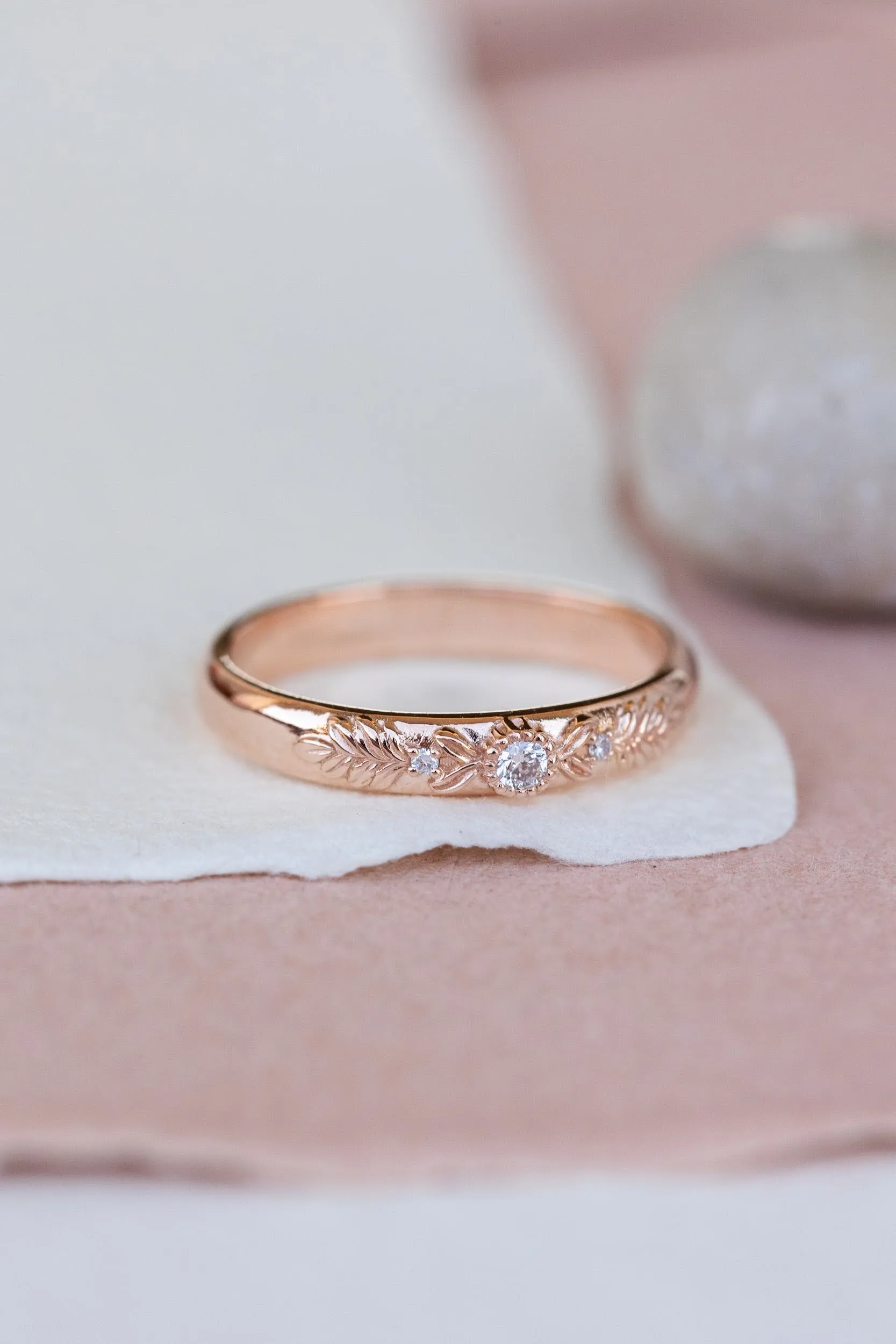 READY TO SHIP: Gold wreath wedding band with three lab grown diamonds, AVAILABLE RING SIZES 4.5-9US