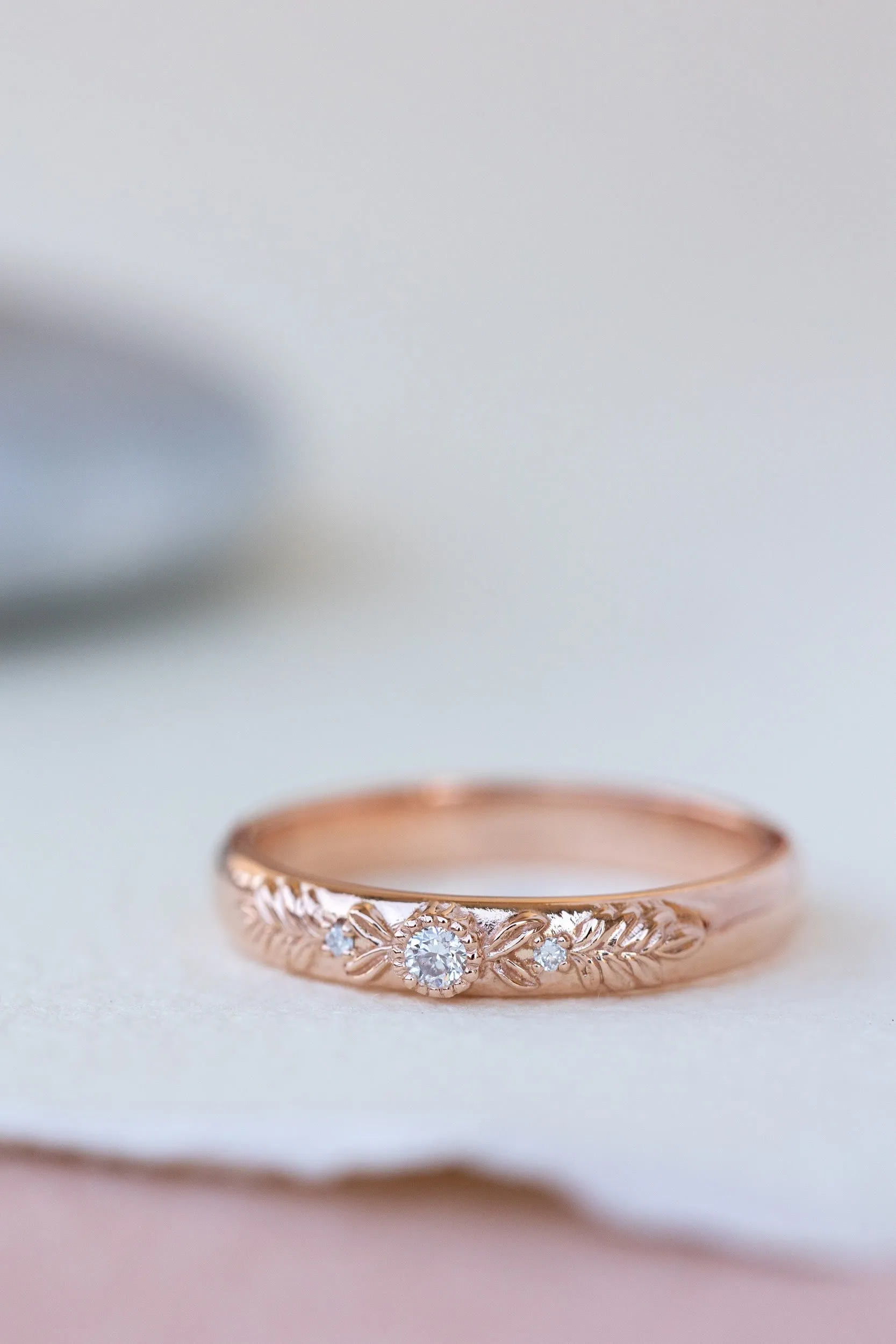 READY TO SHIP: Gold wreath wedding band with three lab grown diamonds, AVAILABLE RING SIZES 4.5-9US