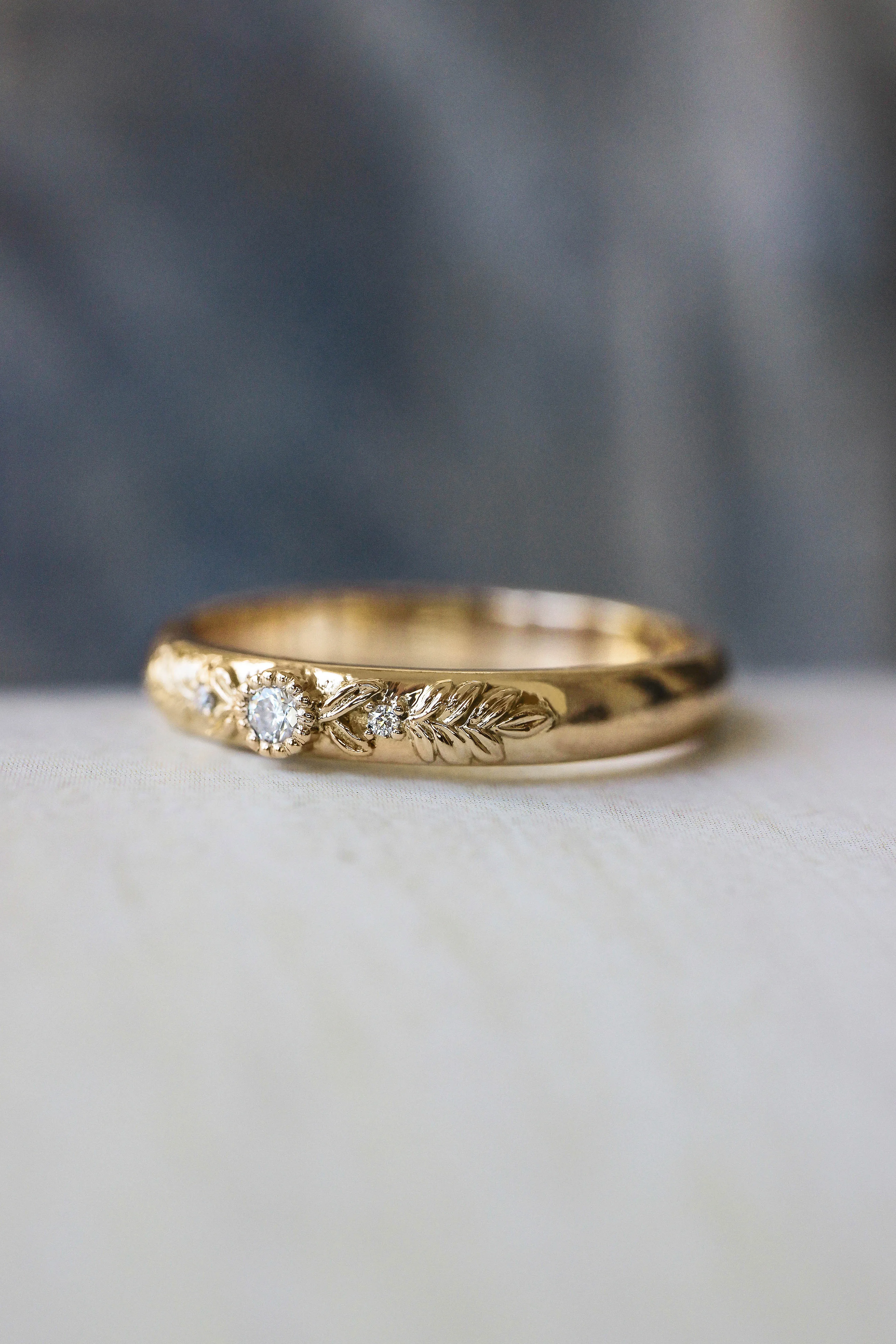 READY TO SHIP: Gold wreath wedding band with three lab grown diamonds, AVAILABLE RING SIZES 4.5-9US