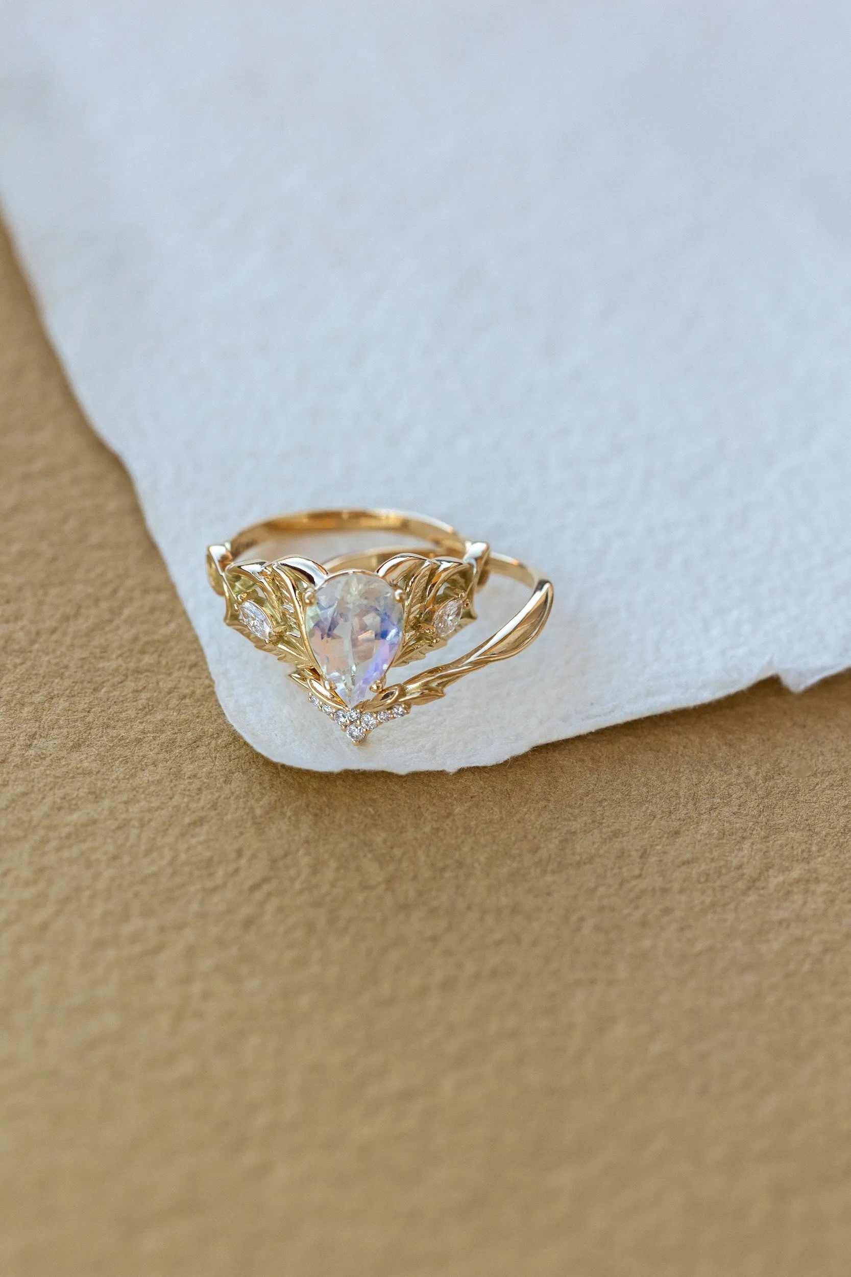 READY TO SHIP: Ikar ring set in 14K yellow gold, moonstone pear cut 10x7 mm, accent lab grown diamonds, AVAILABLE RING SIZES: 6-8US