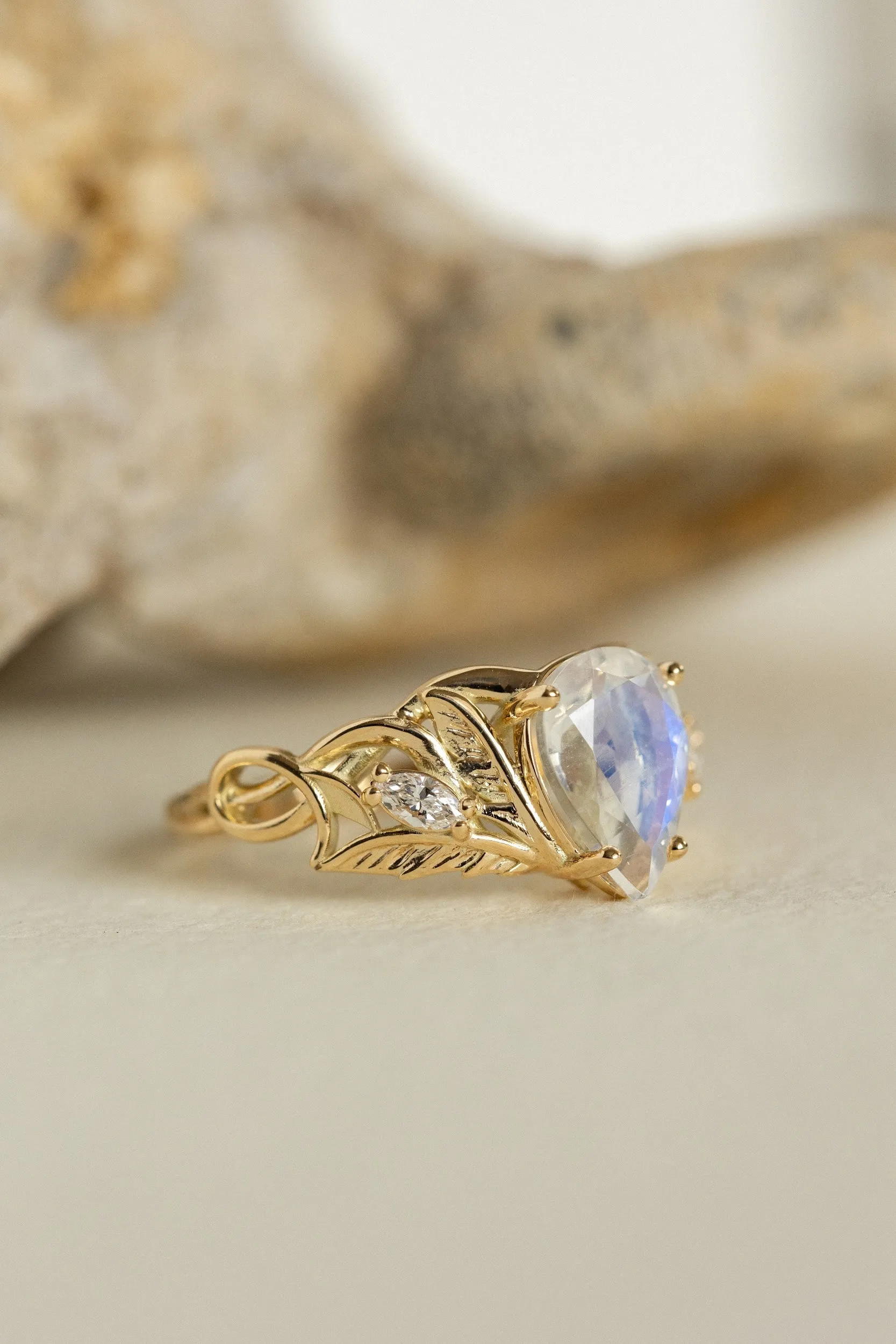 READY TO SHIP: Ikar ring set in 14K yellow gold, moonstone pear cut 10x7 mm, accent lab grown diamonds, AVAILABLE RING SIZES: 6-8US