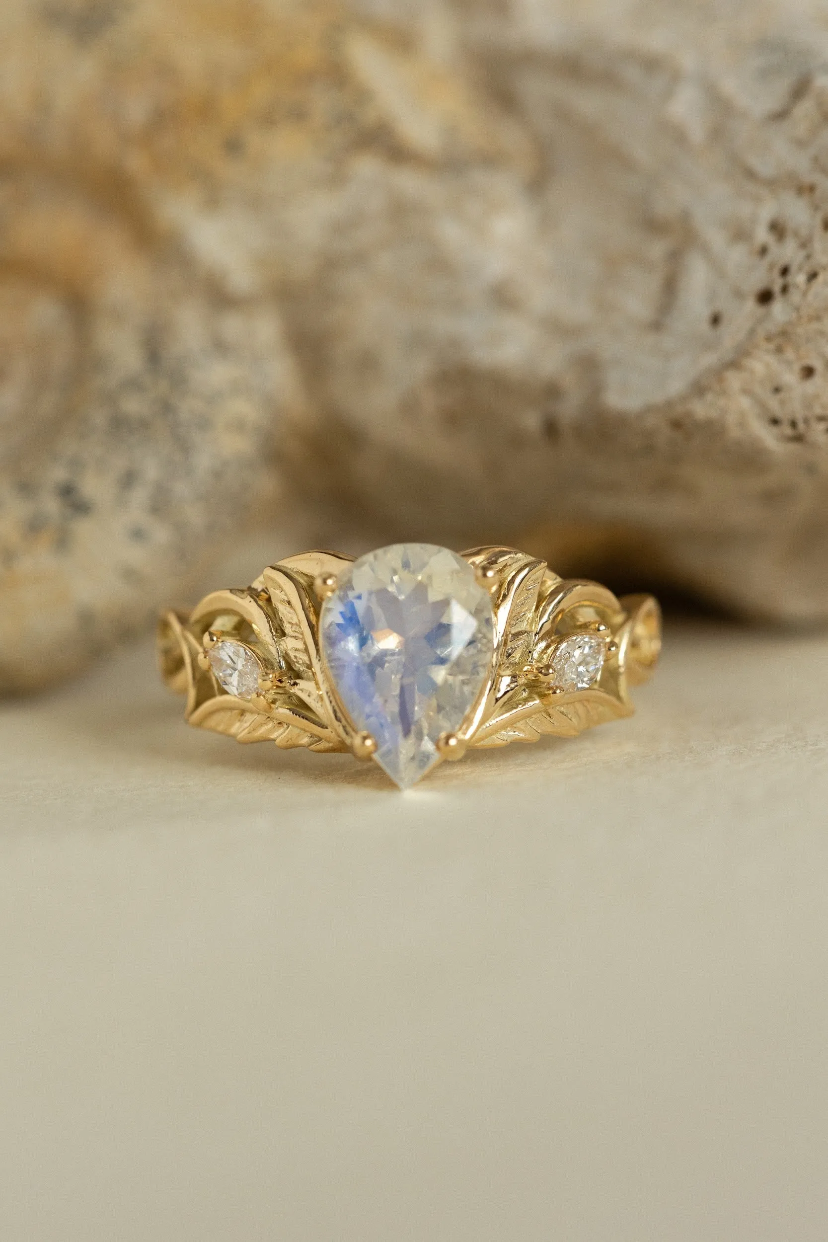 READY TO SHIP: Ikar ring set in 14K yellow gold, moonstone pear cut 10x7 mm, accent lab grown diamonds, AVAILABLE RING SIZES: 6-8US