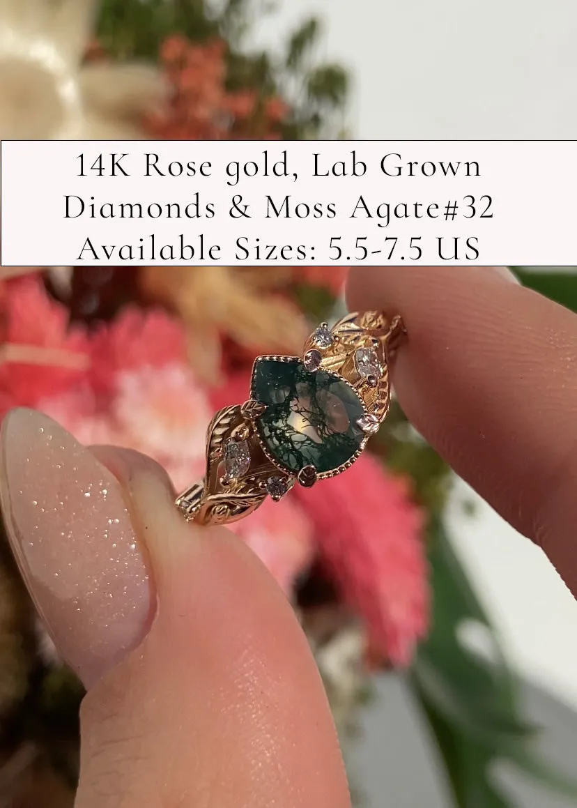 READY TO SHIP: Patricia ring in 14K rose gold, natural moss agate pear cut 8x6 mm, accent lab grown diamonds, AVAILABLE RING SIZES: 5.5-9US