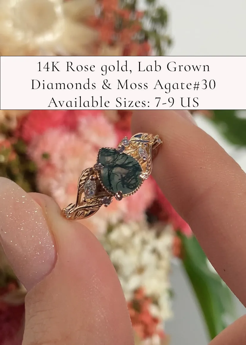 READY TO SHIP: Patricia ring in 14K rose gold, natural moss agate pear cut 8x6 mm, accent lab grown diamonds, AVAILABLE RING SIZES: 5.5-9US