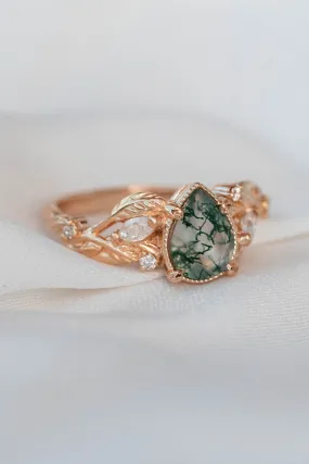 READY TO SHIP: Patricia ring in 14K rose gold, natural moss agate pear cut 8x6 mm, accent lab grown diamonds, AVAILABLE RING SIZES: 5.5-9US