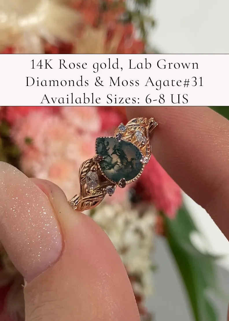 READY TO SHIP: Patricia ring in 14K rose gold, natural moss agate pear cut 8x6 mm, accent lab grown diamonds, AVAILABLE RING SIZES: 5.5-9US