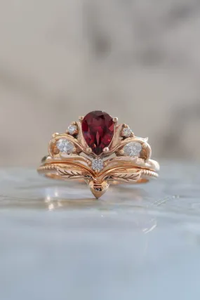 READY TO SHIP: Swanlake set in 14K rose gold, pear garnet 7x5 mm, natural diamonds, AVAILABLE RING SIZES: 6-8 US