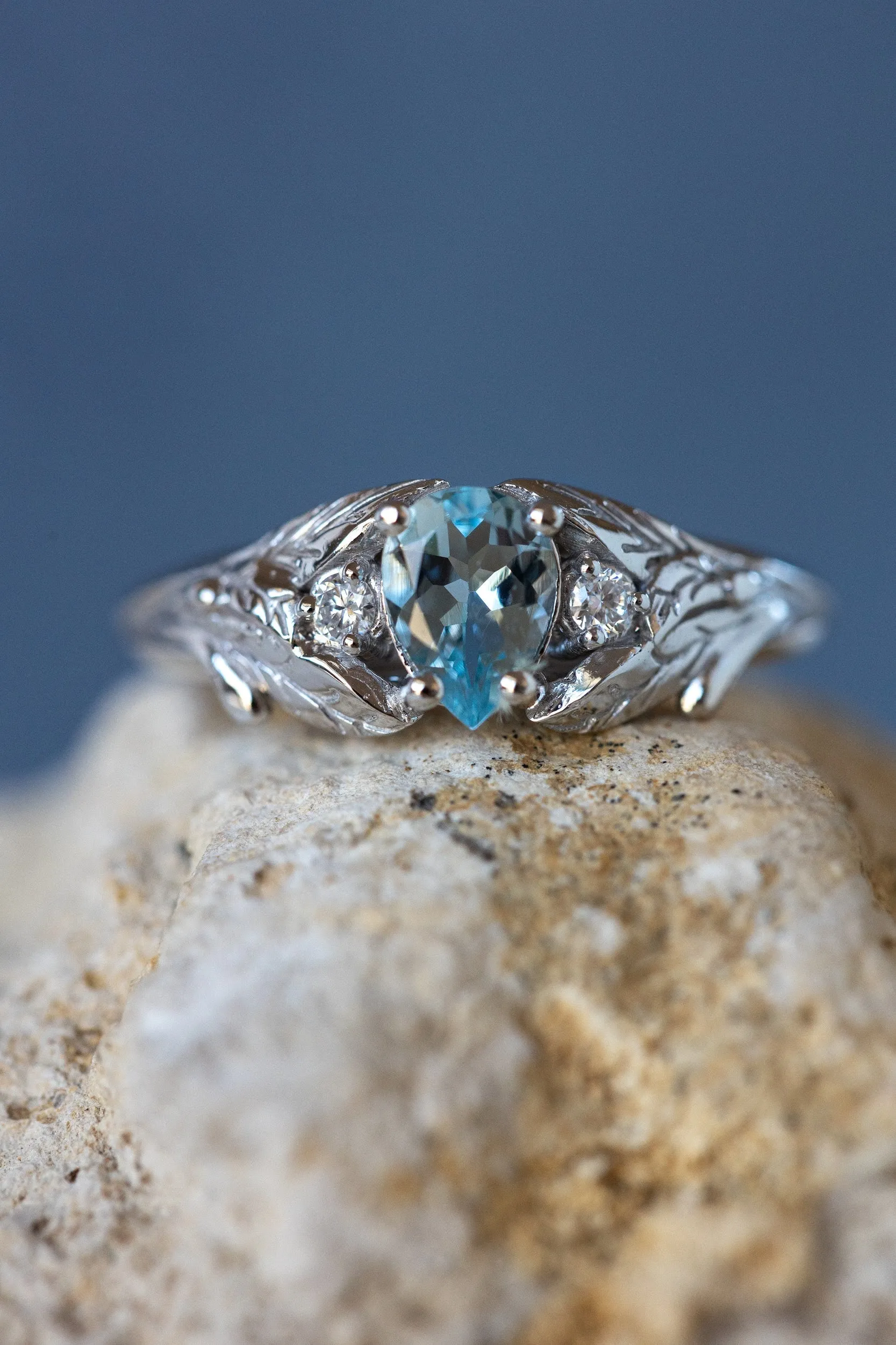 READY TO SHIP: Wisteria ring in 14K white gold, natural aquamarine pear cut 7x5 mm, accent moissanites, AVAILABLE RING SIZES: 7-9US