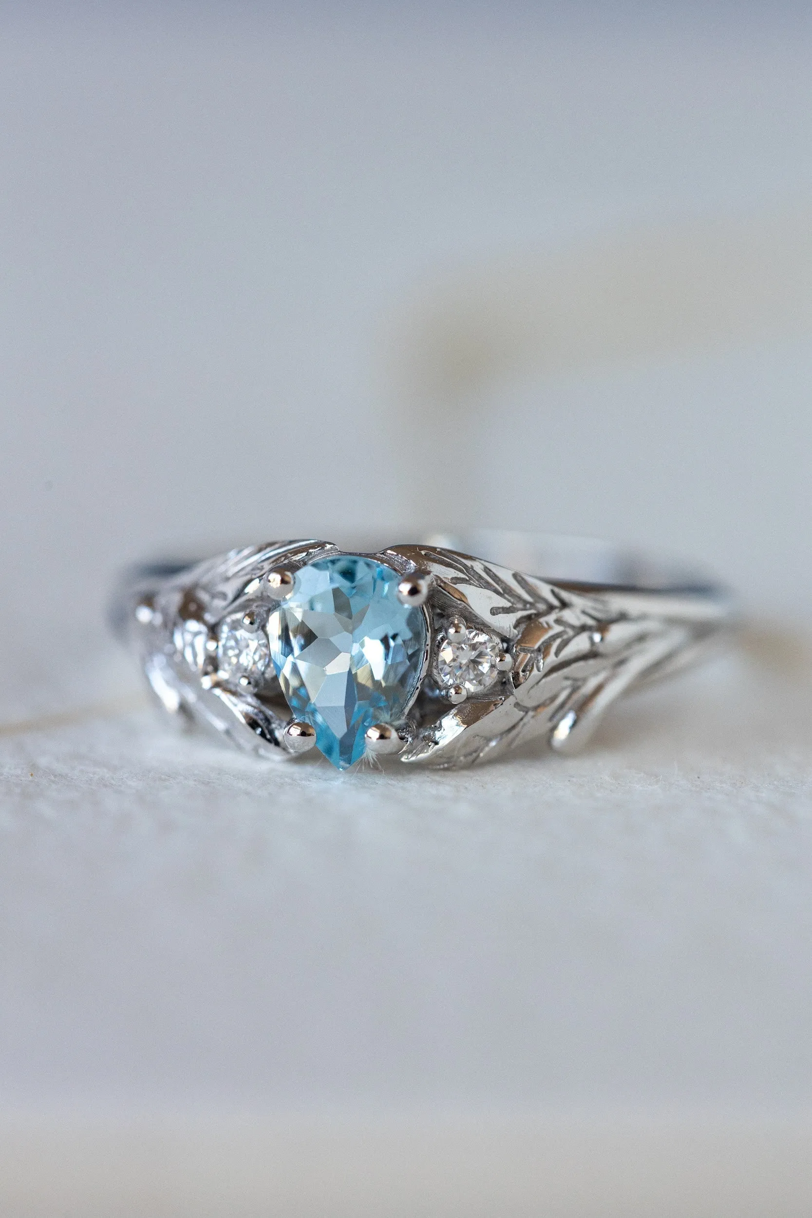 READY TO SHIP: Wisteria ring in 14K white gold, natural aquamarine pear cut 7x5 mm, accent moissanites, AVAILABLE RING SIZES: 7-9US