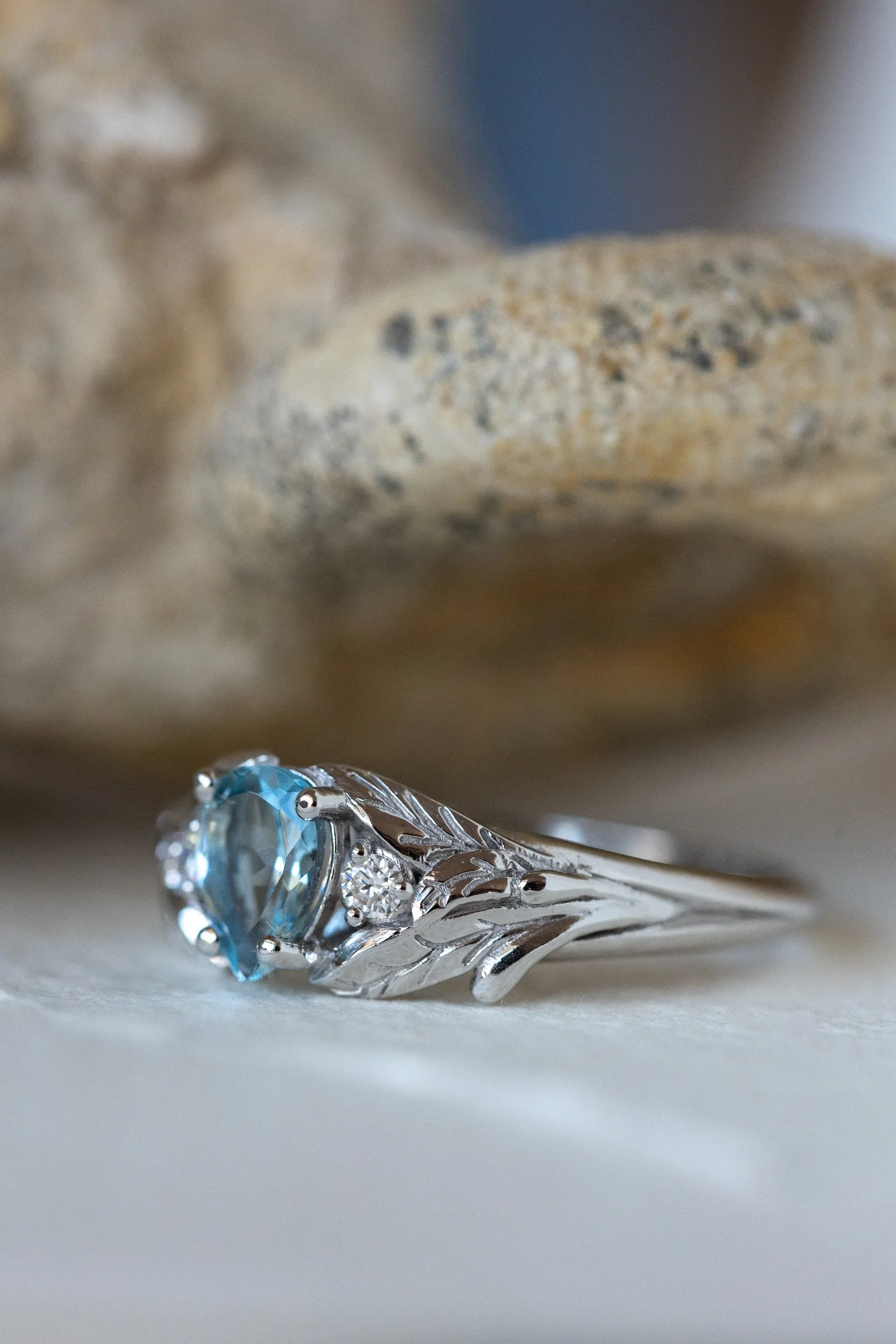 READY TO SHIP: Wisteria ring in 14K white gold, natural aquamarine pear cut 7x5 mm, accent moissanites, AVAILABLE RING SIZES: 7-9US