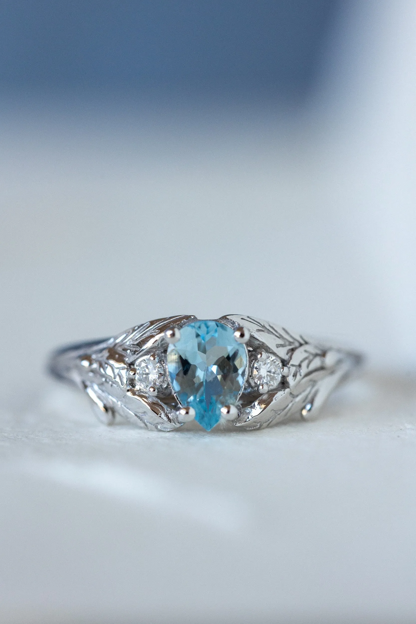 READY TO SHIP: Wisteria ring in 14K white gold, natural aquamarine pear cut 7x5 mm, accent moissanites, AVAILABLE RING SIZES: 7-9US