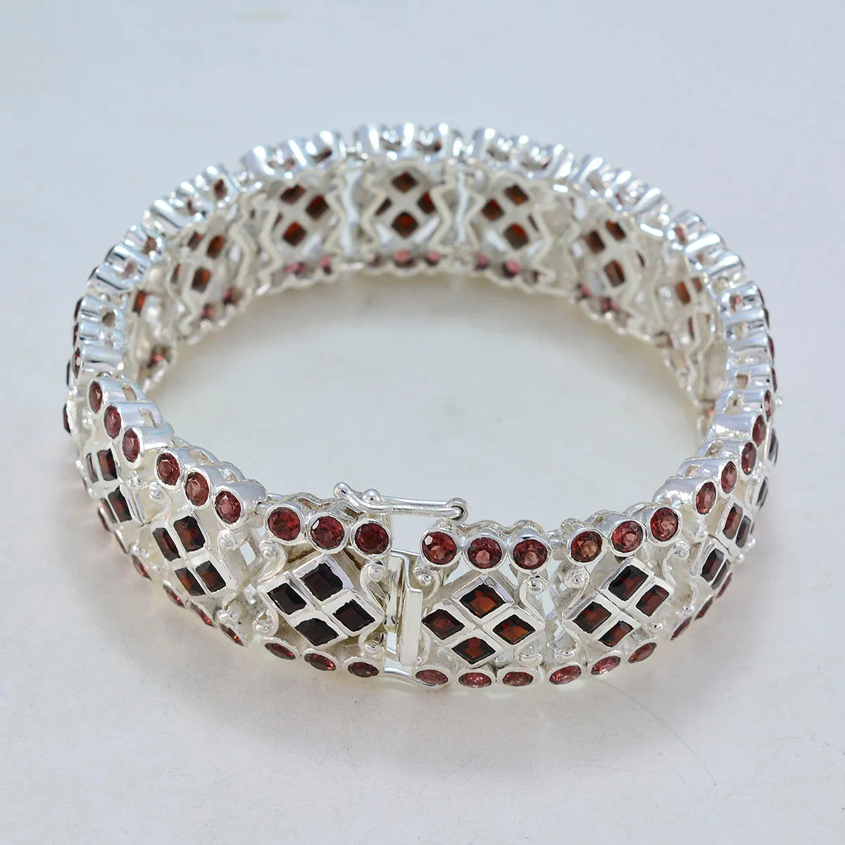 Riyo Classical 925 Sterling Silver Bracelet For Girls Garnet Bracelet Bezel Setting Bracelet with Box With Tongue Link Tennis Bracelet L Size 6-8.5 Inch.