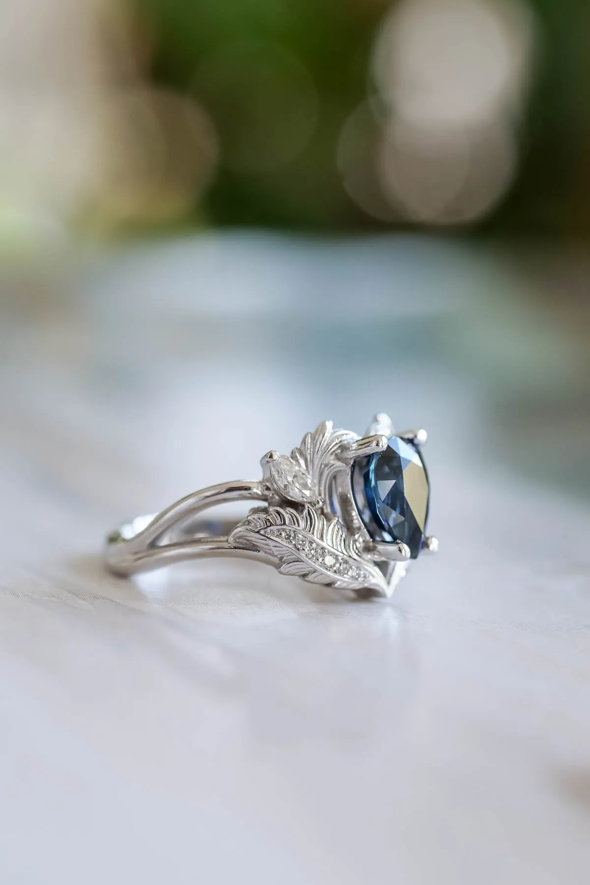 Royal blue sapphire engagement ring, gold nature inspired ring with diamonds / Adonis