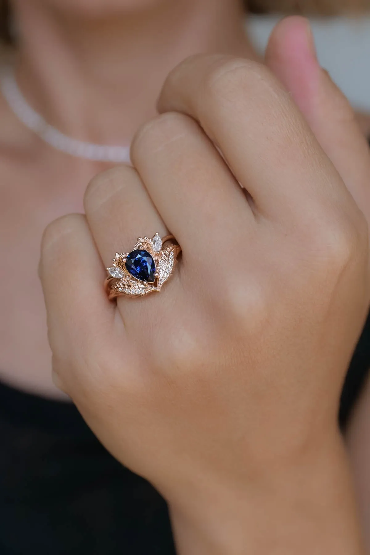 Royal blue sapphire engagement ring, gold nature inspired ring with diamonds / Adonis